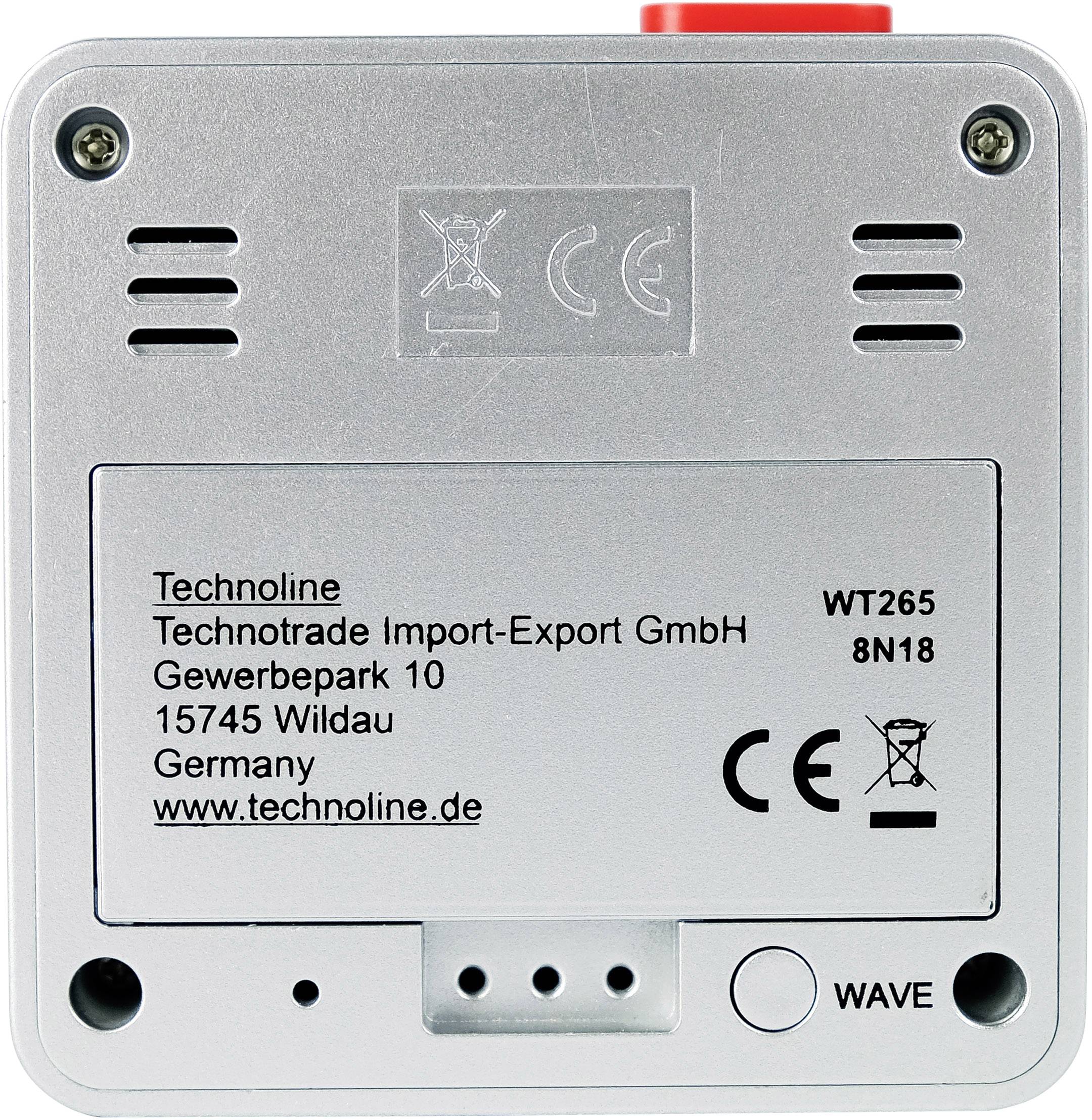 Back of an electronic device by Technoline brand with serial numbers and CE marking, along with the company address in Wildau, Germany.