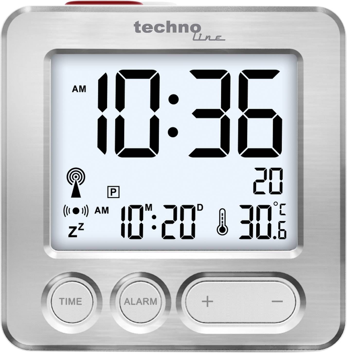 Digital clock with large LCD display showing 10:36, 20% humidity, and 30.6°C temperature. Alarm and time setting buttons below.