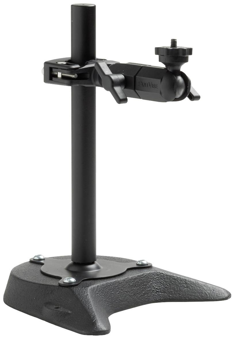 Adjustable stand with articulated arm and screw, suitable for holding cameras or devices, mounted on a stable black base.