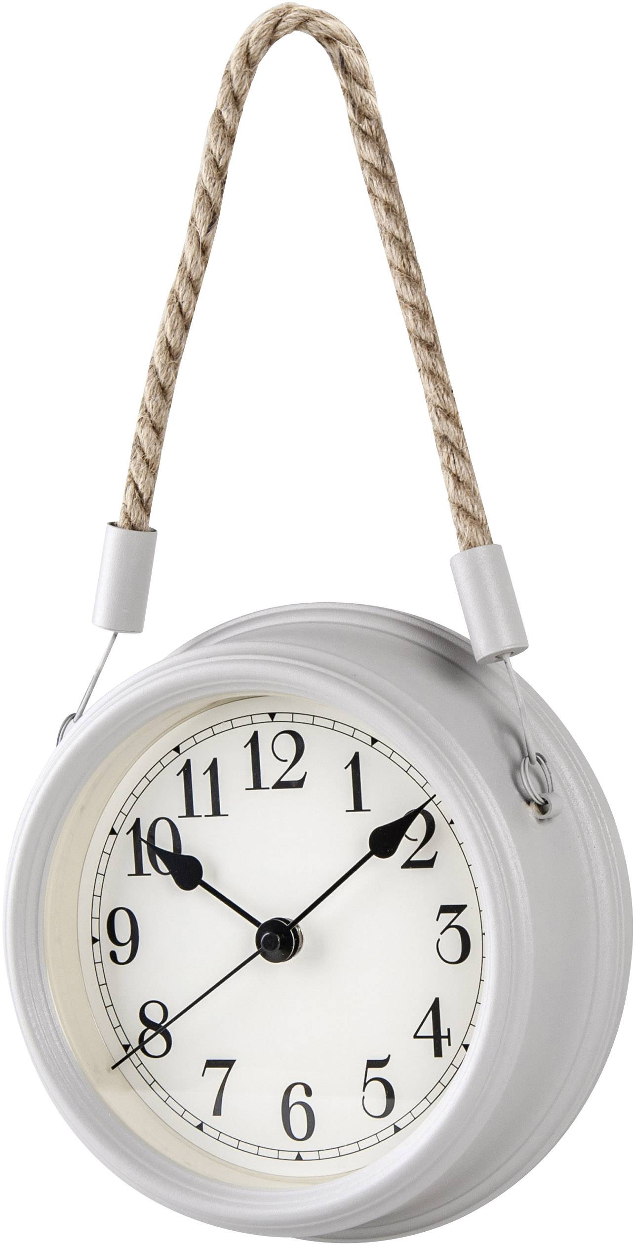 A white clock with Arabic numerals and black hour and minute hands, suspended from a cord.
