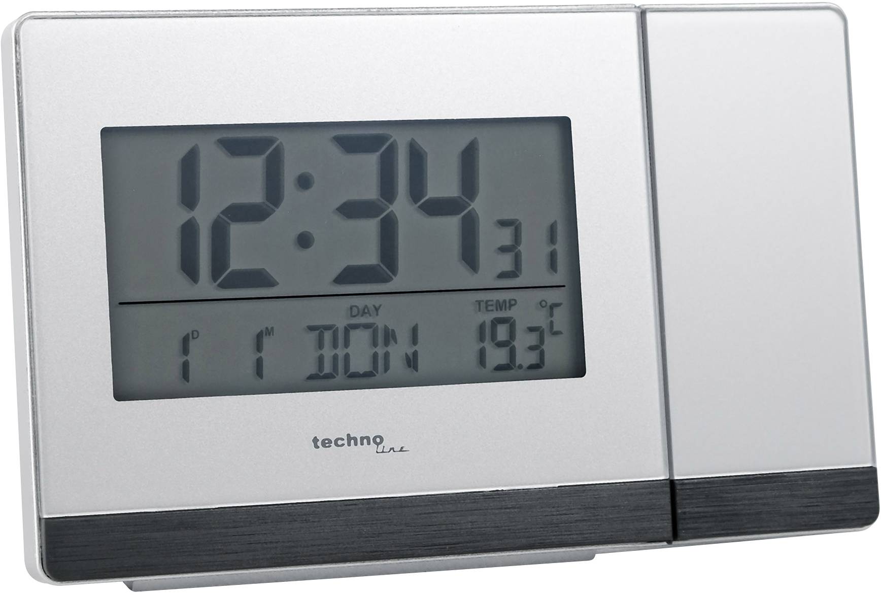 Digital clock with large display shows 12:34. Below, the date 31st and temperature of 19.3°C are displayed.