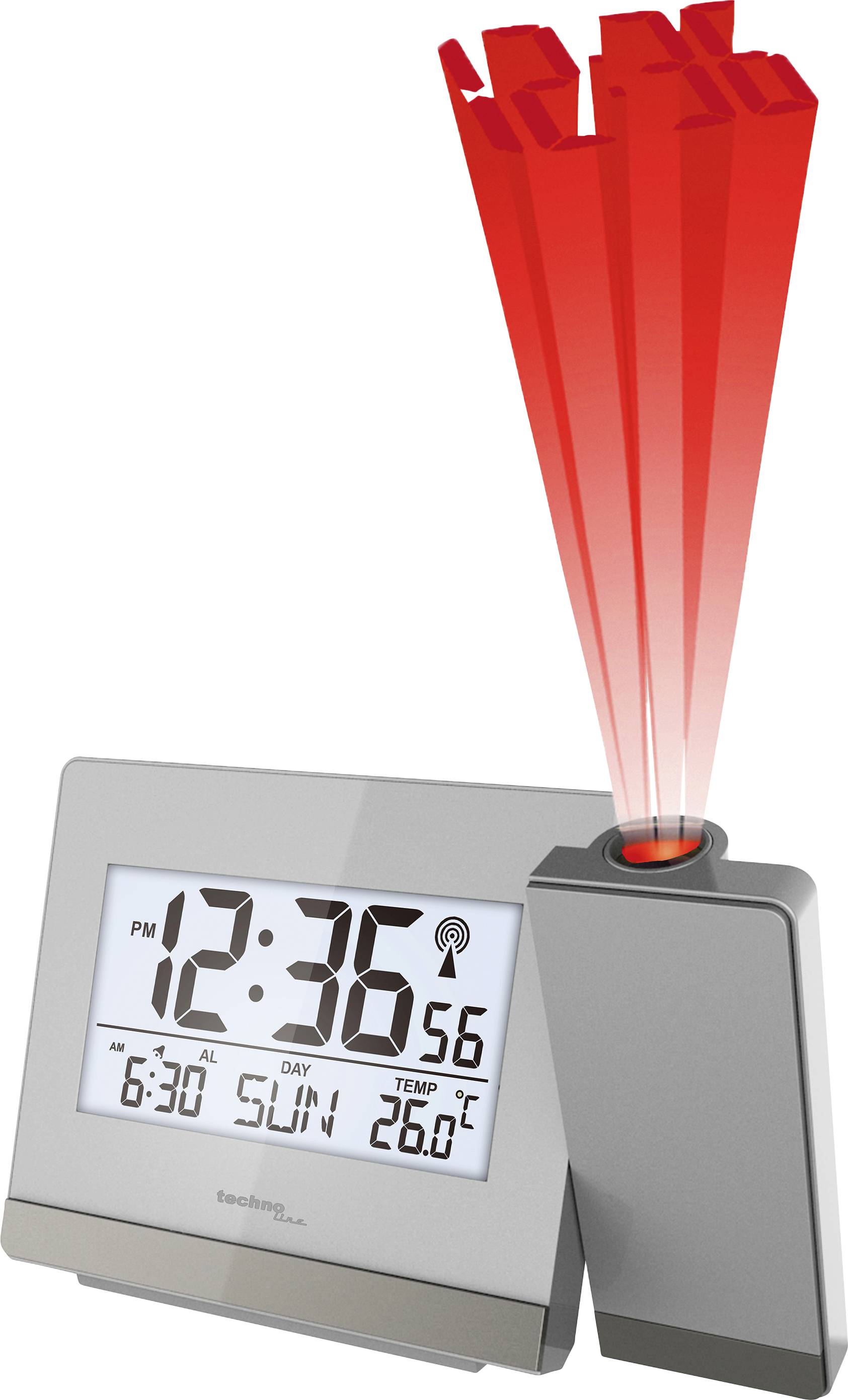 Digital alarm clock with red projection time display. Display shows time, date, day of the week, and temperature.
