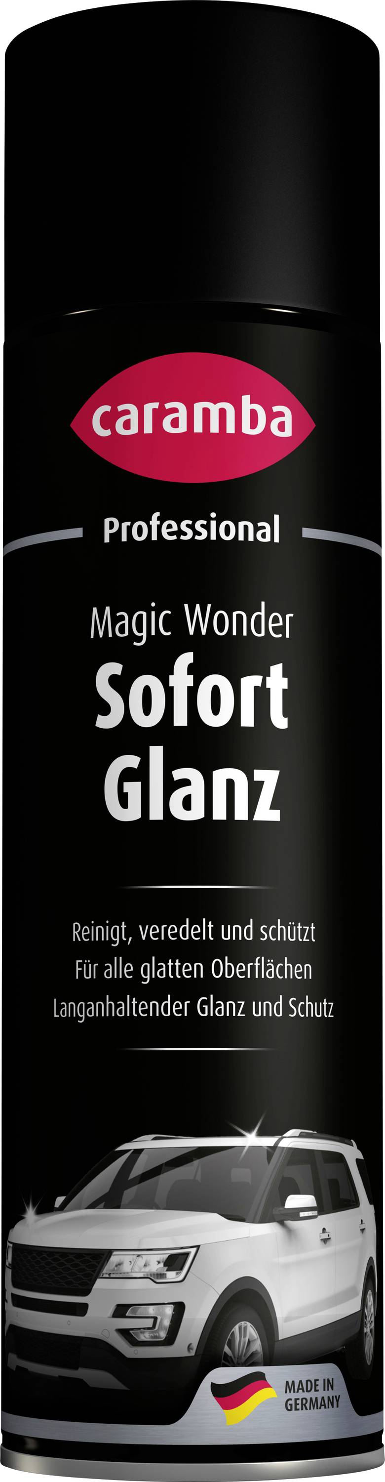 Black Caramba Professional Magic Wonder Sofort Glanz spray can for quick cleaning and shine on all smooth surfaces, with a white car pictured on the label.