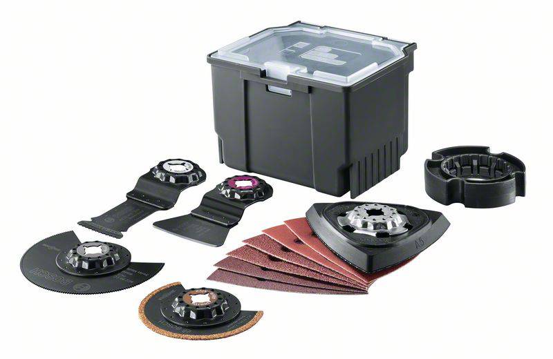 A set of various saw blades and sanding papers with a black storage container, suitable for DIY and craft work.