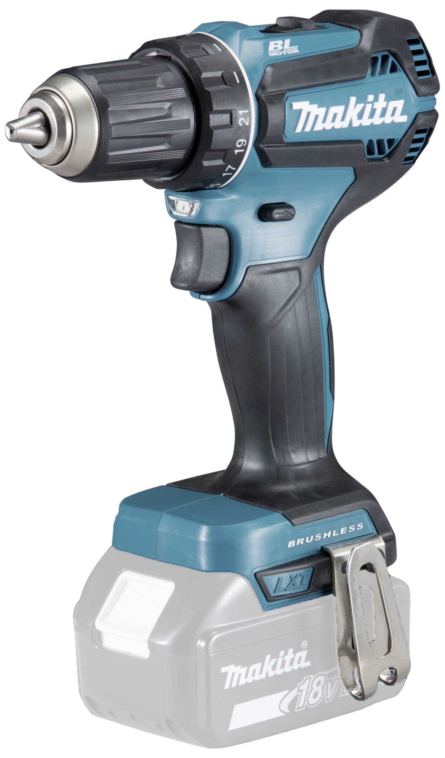 Cordless drill with a blue-black casing and grey battery, shown from the side.