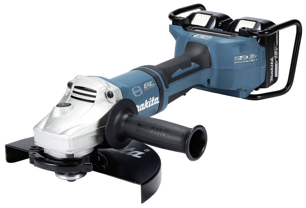 Cordless angle grinder with two batteries, blue-black design, ergonomically shaped for comfortable working.