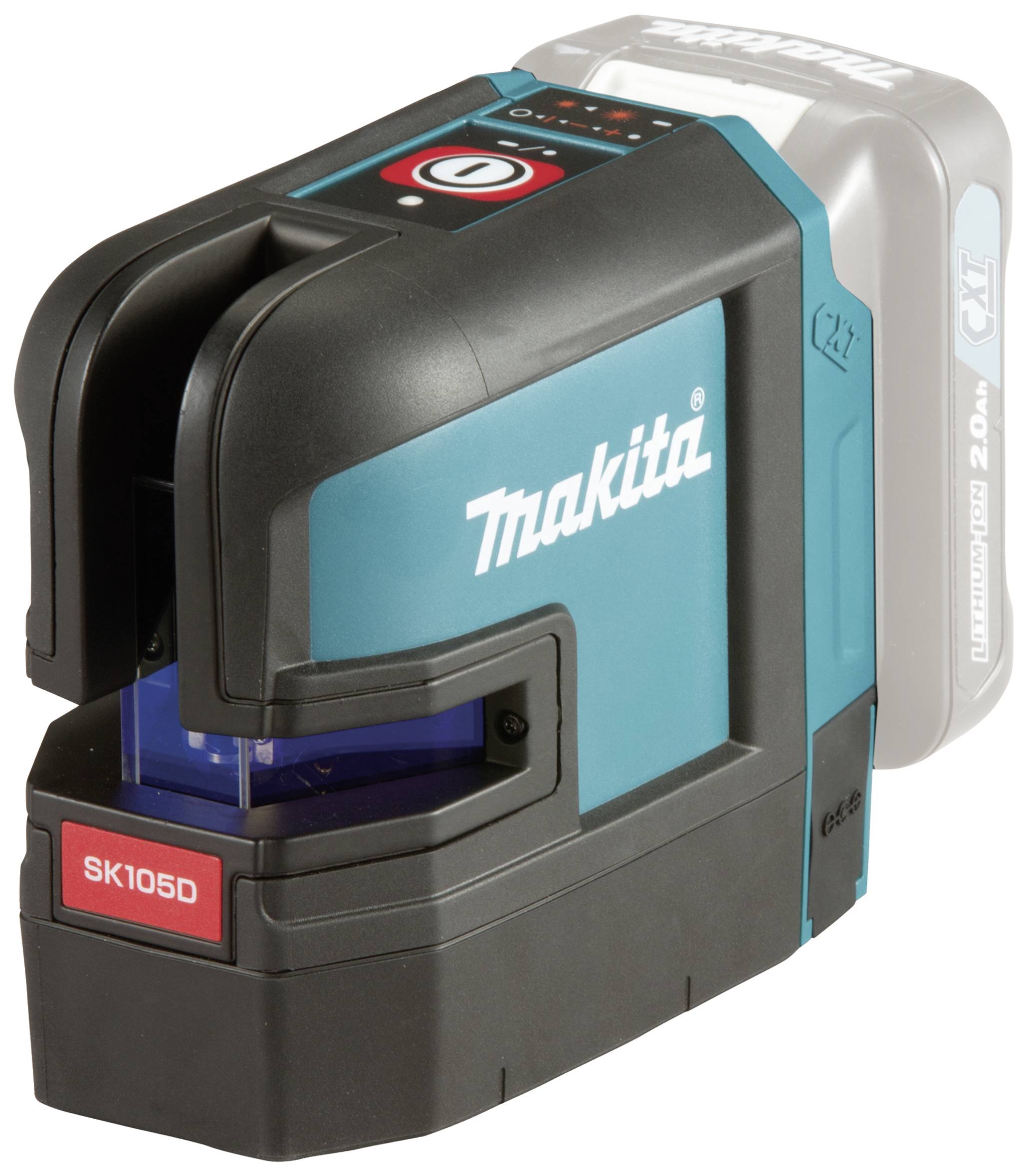 A blue and black Makita line laser with battery compartment. Model 'SK105D', compact and handy, for precise alignment.