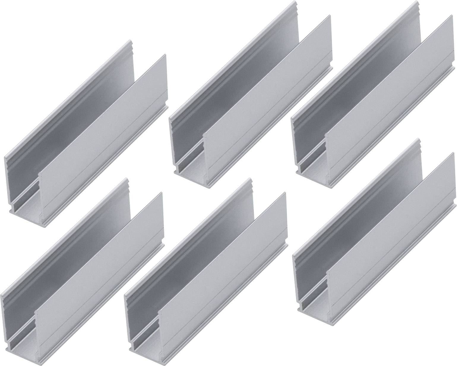Six silver aluminium profiles are arranged in two rows of three each. They are identical and have a U-shape.