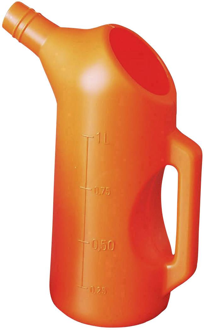 Red measuring jug with handle and spout, measures up to 1 litre, with markings at 0.25, 0.50, 0.75 and 1.0 litres.