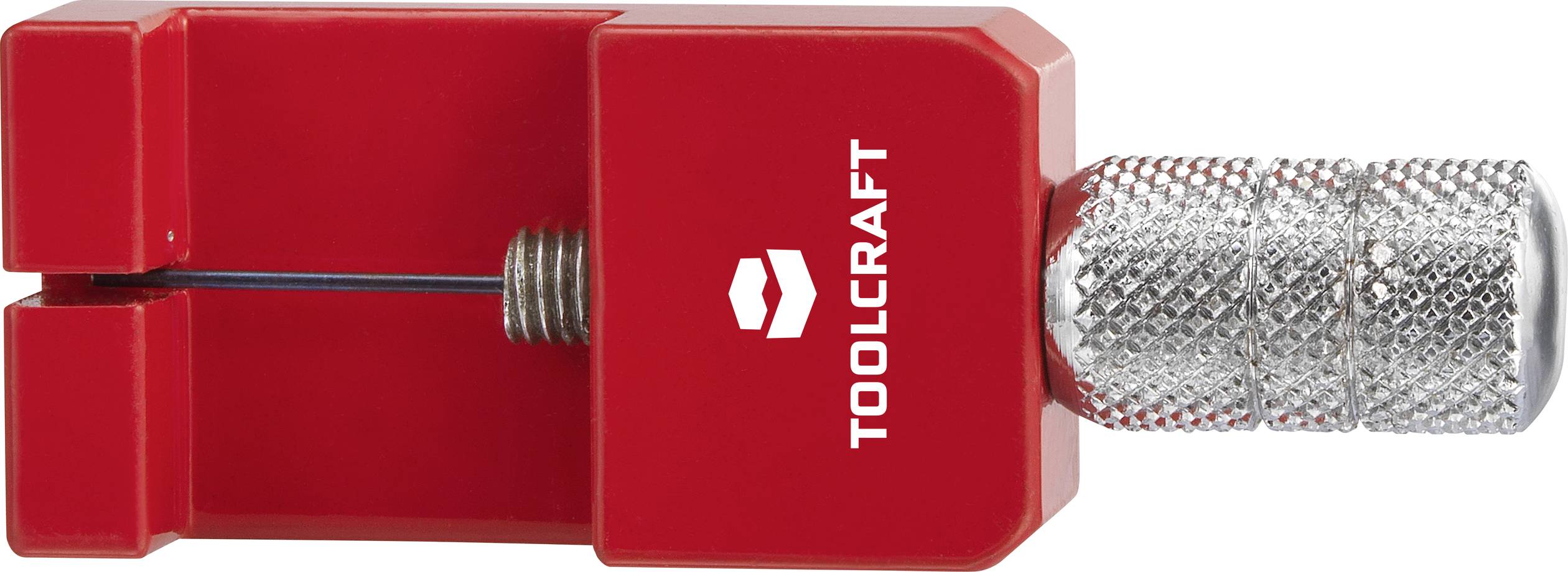 A red wire stripper with 'TOOLCRAFT' printed on the side and a silver ribbed handle.