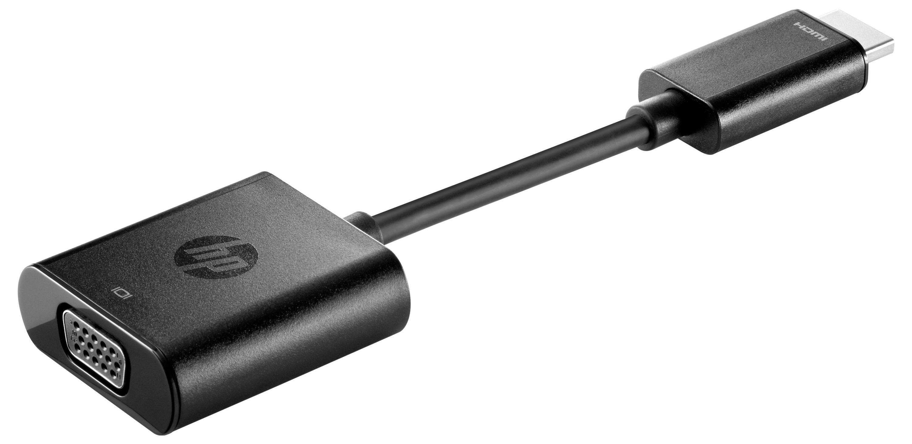 'HP' branded HDMI to VGA adapter cable, black, showing the HDMI connector on one end and VGA port on the other.