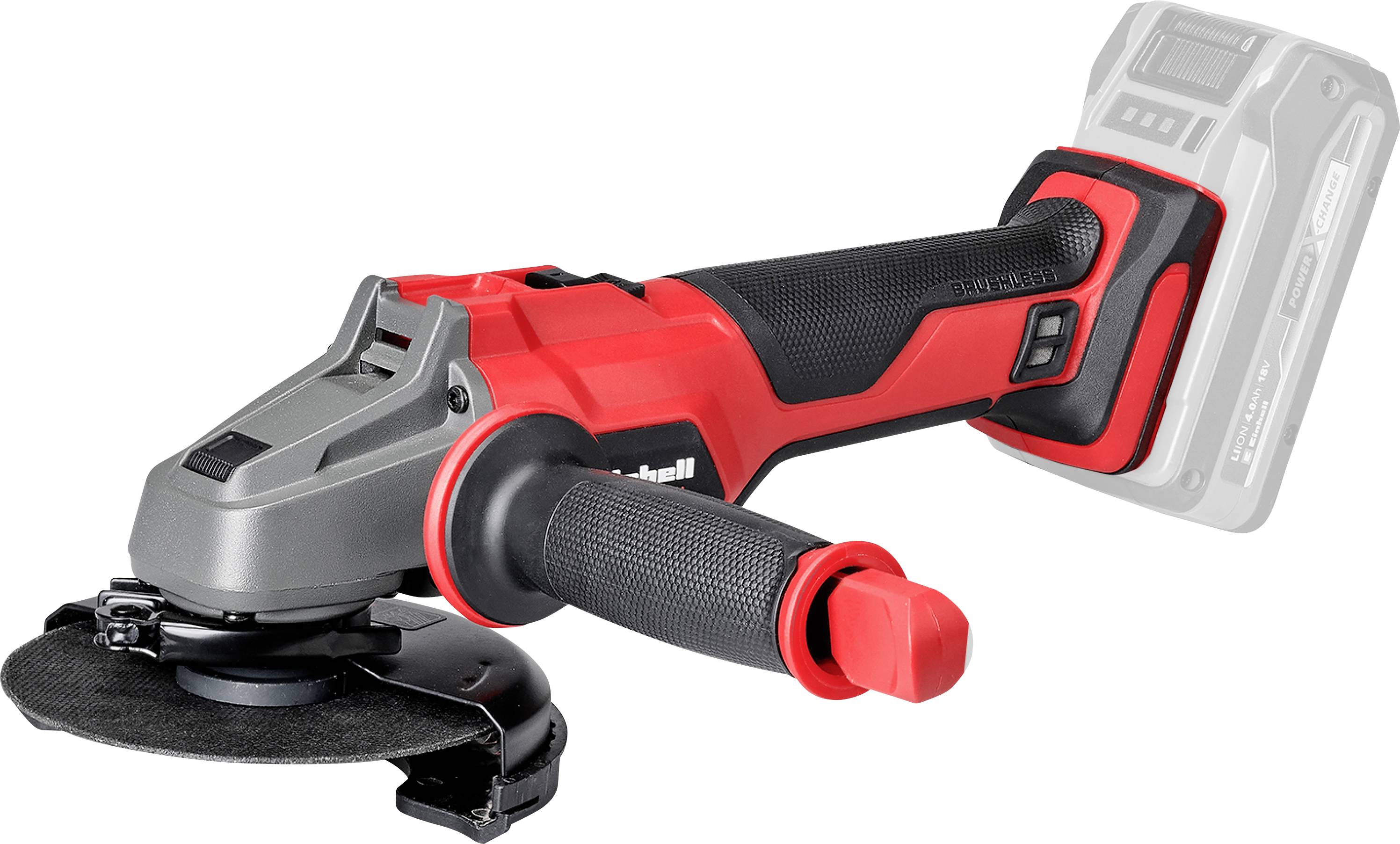 Cordless angle grinder with a red and black handle, gray grinding disc, and visible battery compartment.