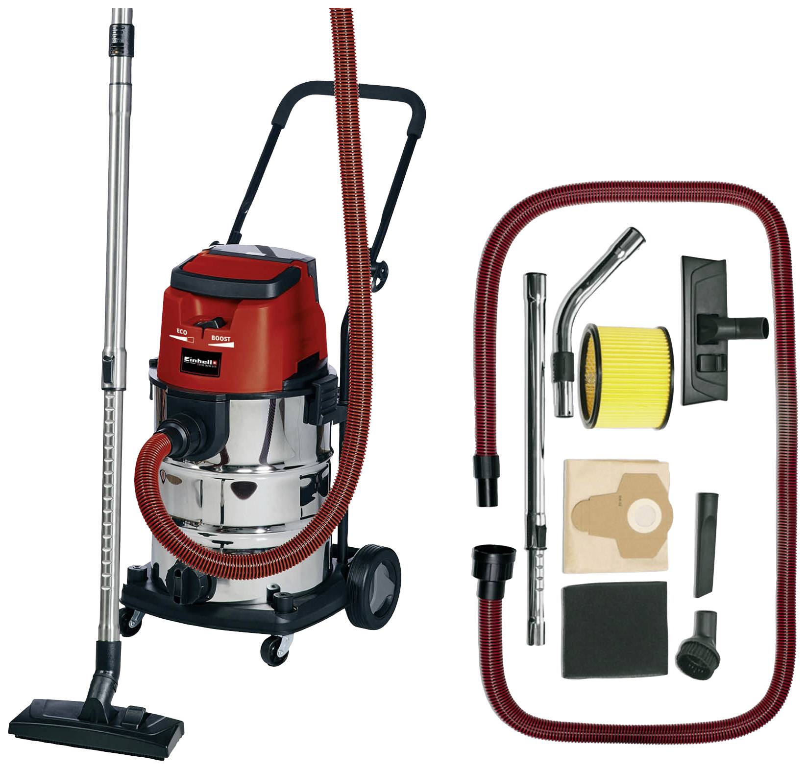 Wet and dry vacuum cleaner with a red casing and accessories including hoses, filters, and attachments. Suitable for versatile cleaning tasks.