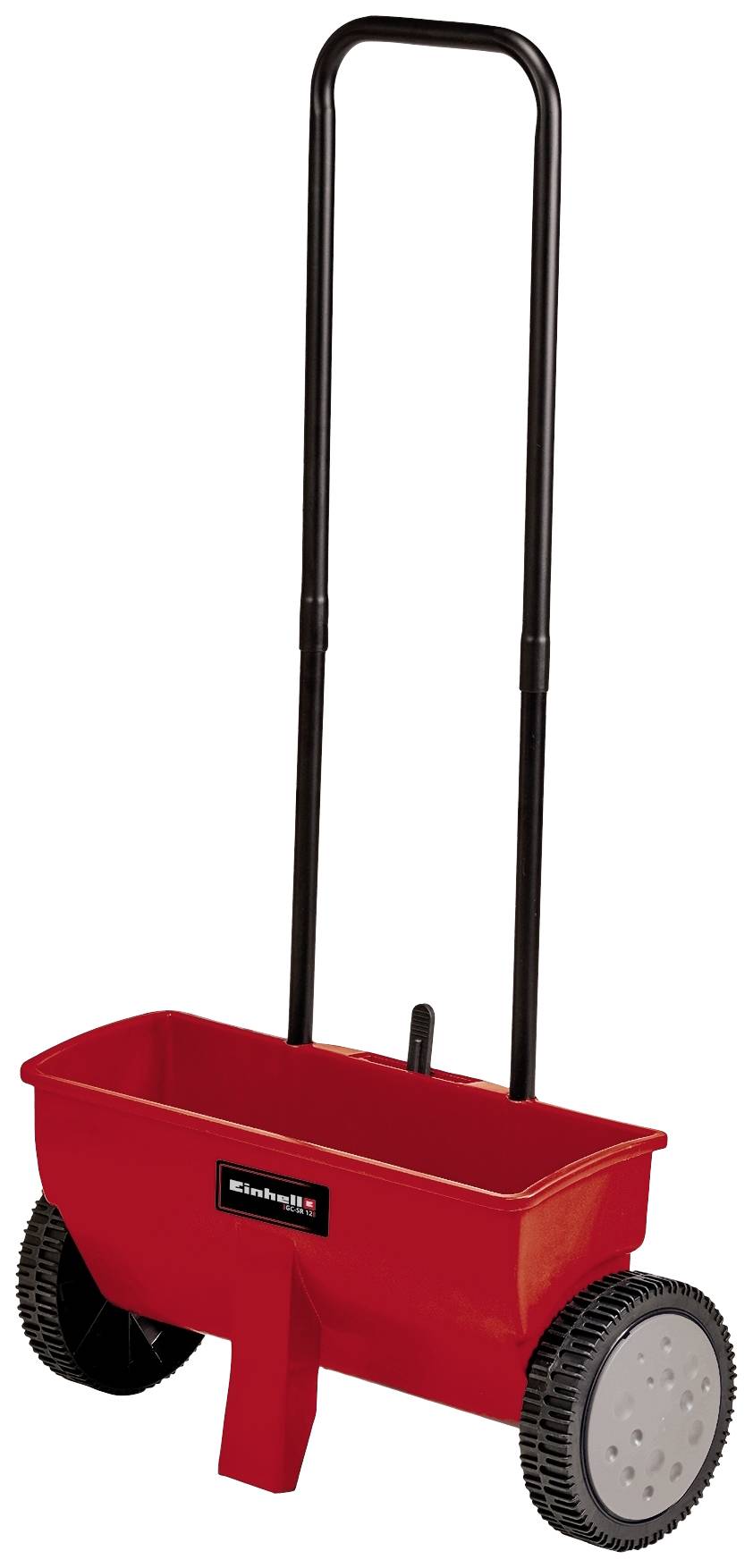 Red spreader with two large wheels and a long black handle. Suitable for even distribution of seeds or fertiliser.