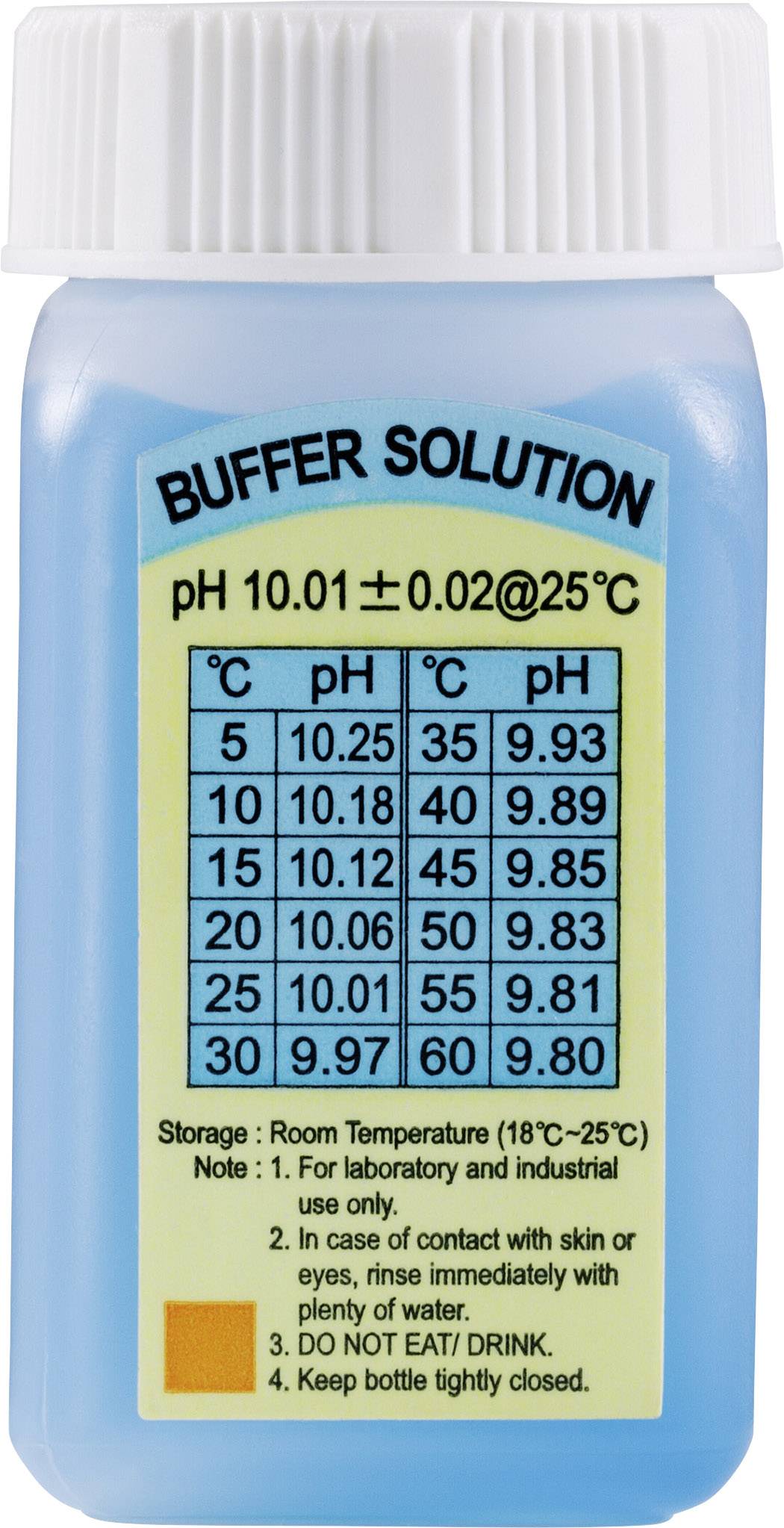 A plastic container with a blue buffer solution. Label shows 'BUFFER SOLUTION', pH values at temperatures from 5°C to 30°C.