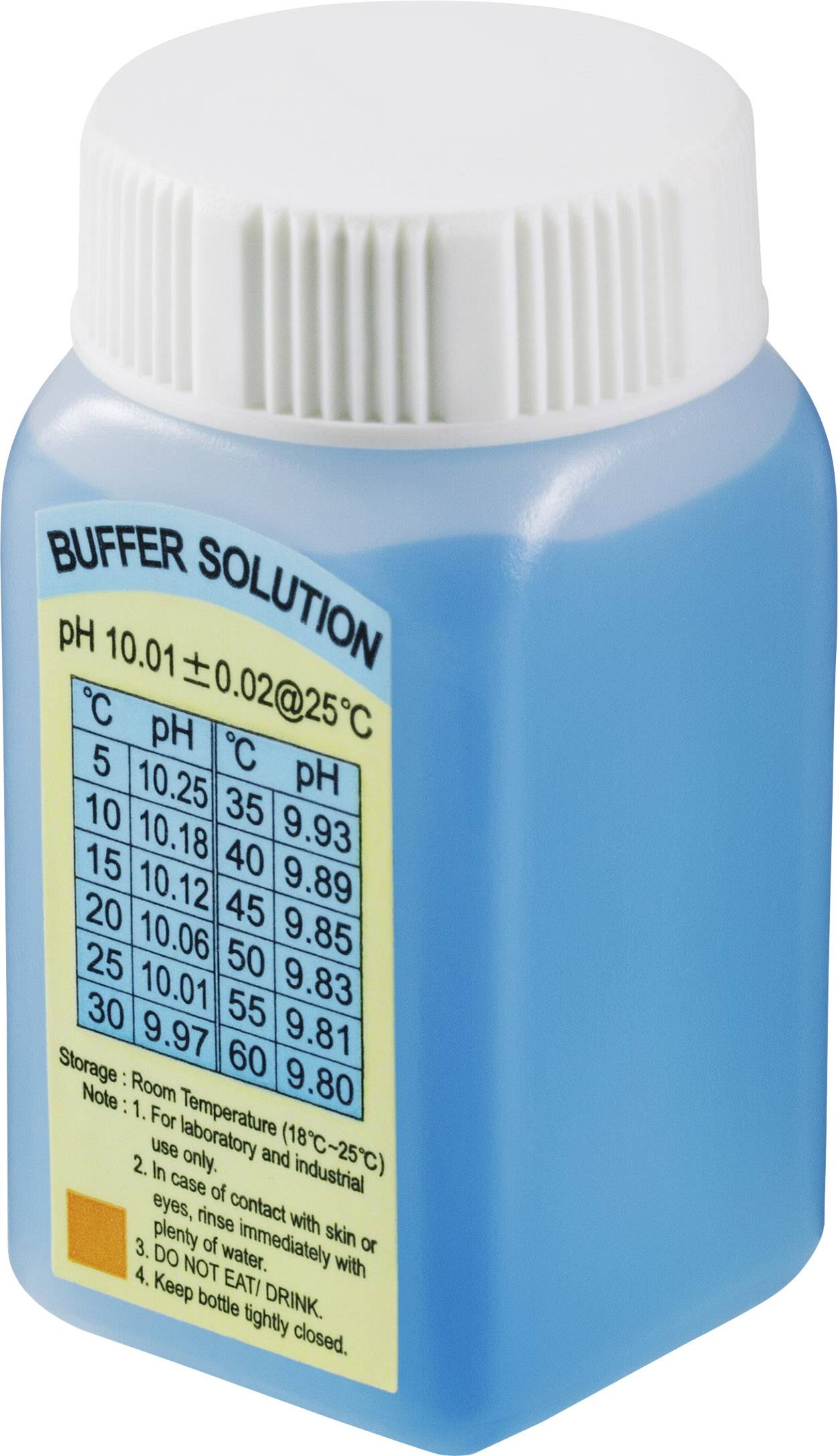 A blue bottle with a label 'BUFFER SOLUTION' shows pH values at different temperatures. pH 10.01 at 25°C.