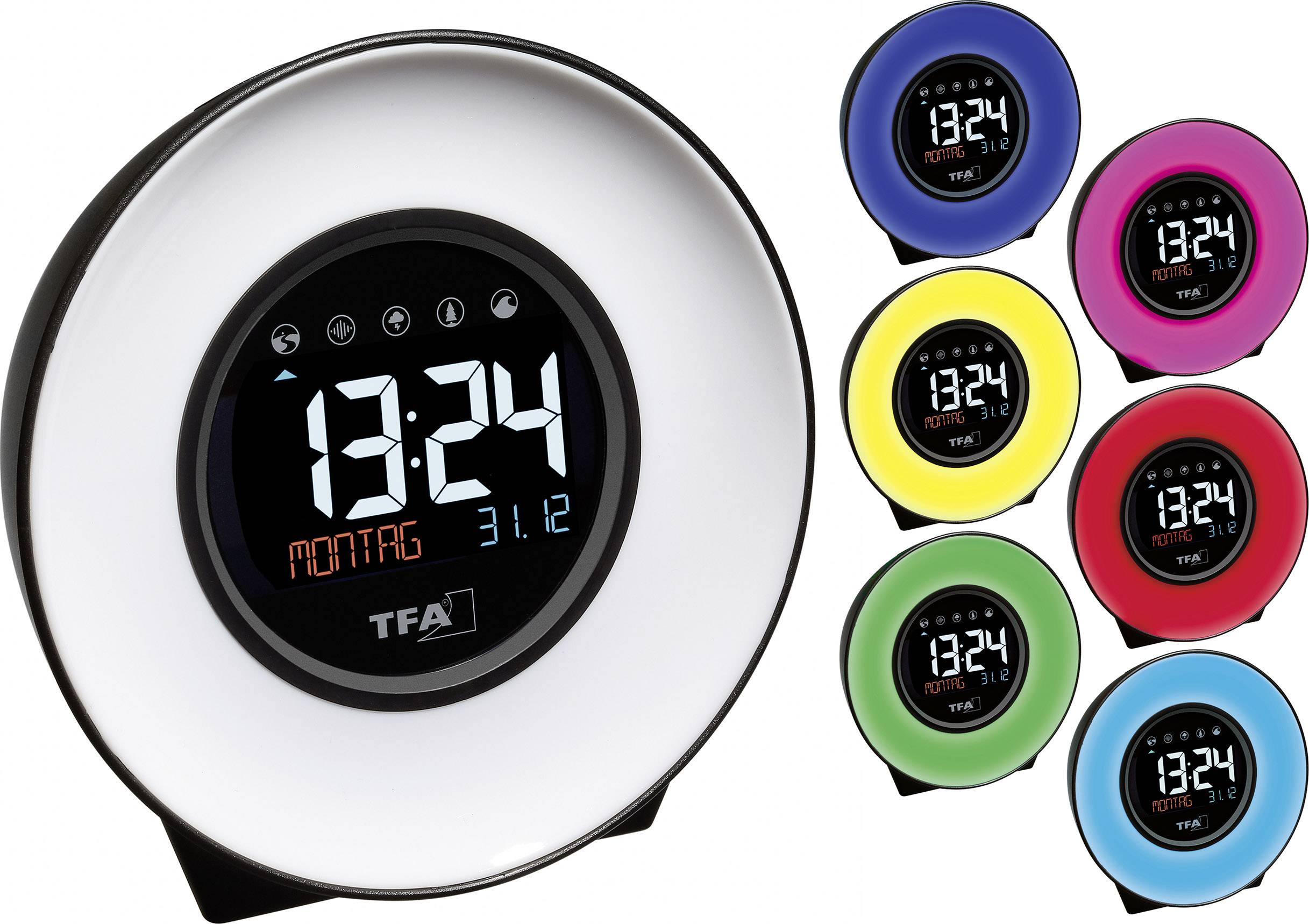 TFA Dostmann 60.2023.02 Quartz Alarm clock White, Blue, Yellow, Green, Rose, Red, Light blue Alarm times 1 Large display