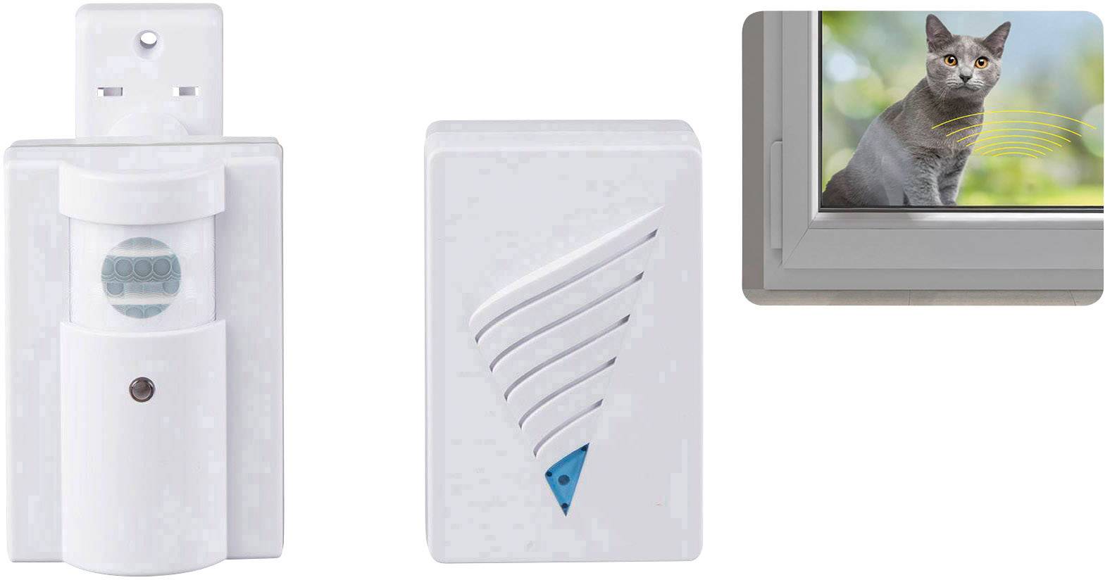 Wireless motion sensor and door/window alert system: two white sensors and a cat shown by a window, indicating home security monitoring.