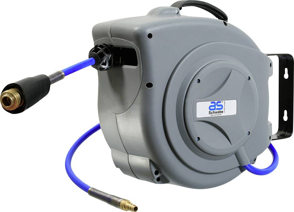 Automatic hose reel with blue air hose and grey casing, wall-mounted, for compressed air applications.