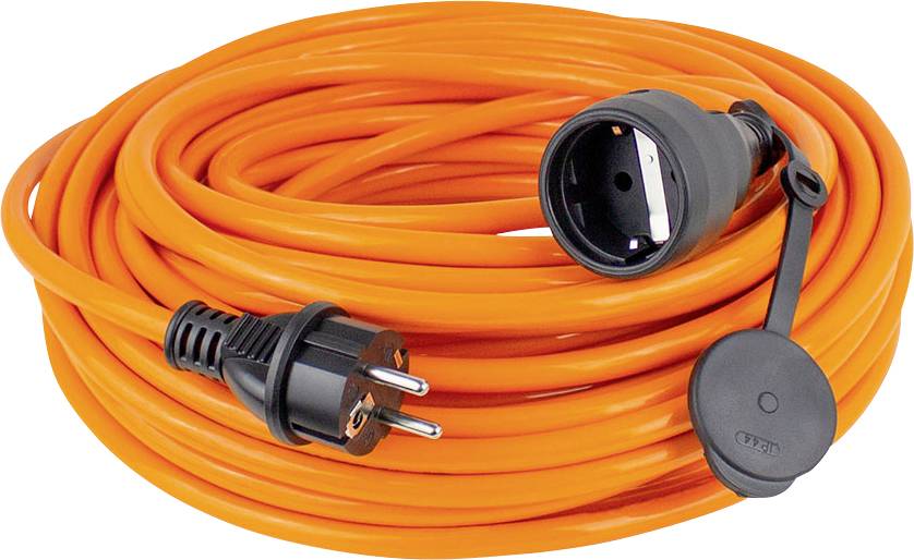 A long orange extension lead with an earthed plug and socket. Suitable for outdoor use.