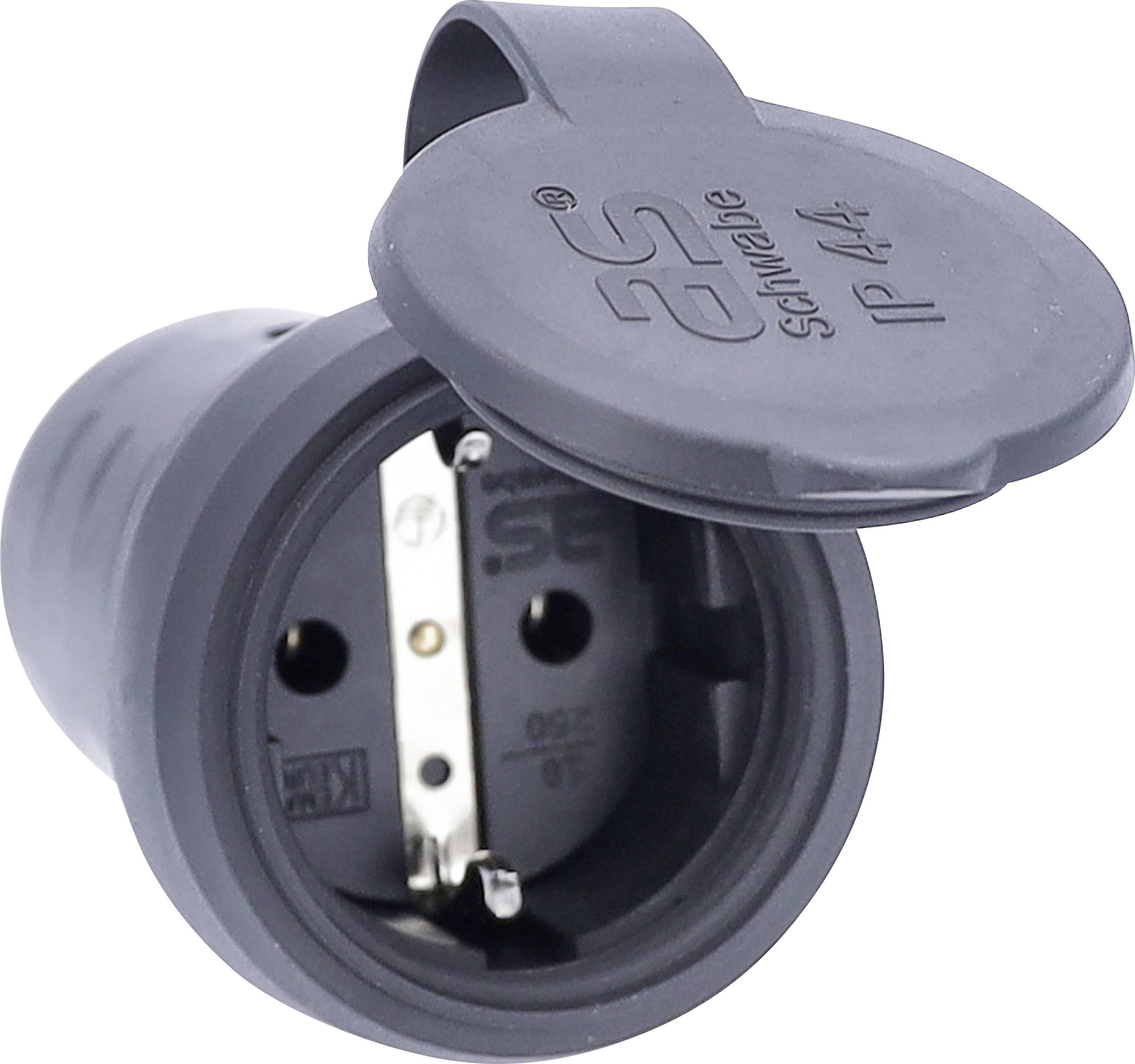 Black Schuko plug with protective cover and IP44 protection. Suitable for outdoor use and provides moisture protection.