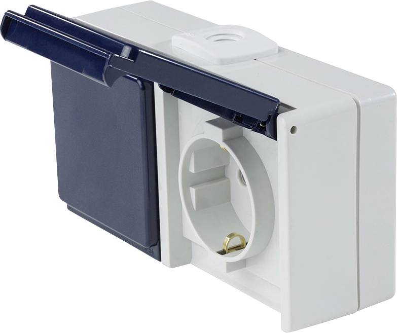 Electrical outdoor socket with protective cover and wall-mounted housing, open and ready for connection.