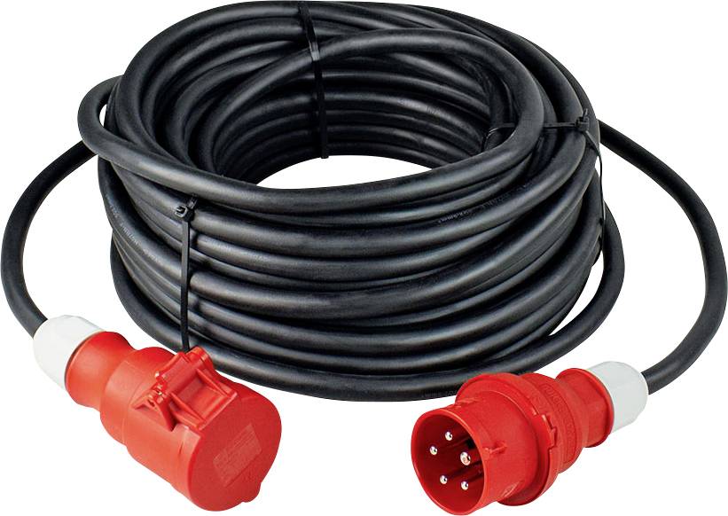 Black extension cable with red industrial connectors at both ends, coiled for storage or transport.(Note: The translation is already in British English and requires no further modification.)