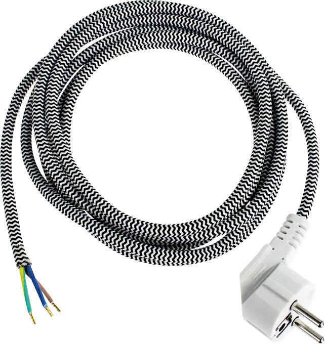 A white and black textile cable with an angled white plug and exposed, colour-coded wire ends.