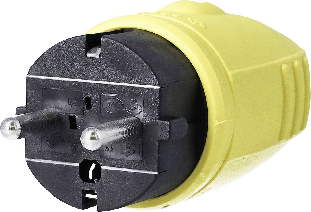 A yellow power plug adapter with two round prongs, suitable for European sockets.