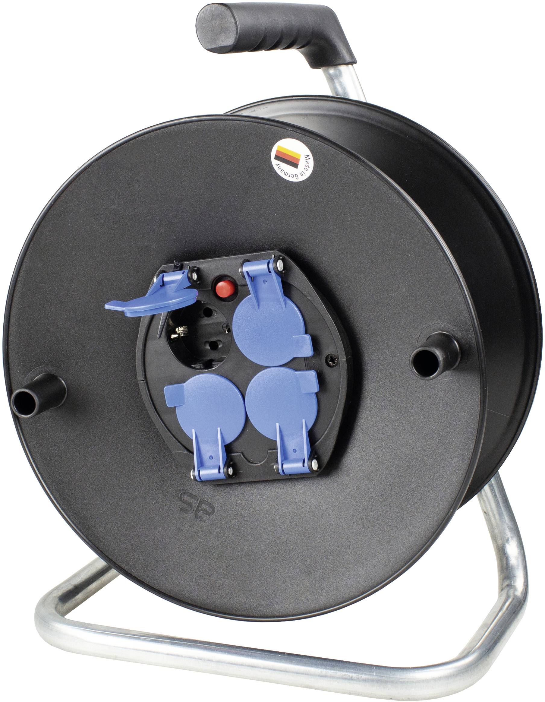 A black cable reel with three blue socket outlets and a red switch, mounted on a metal frame with a handle.