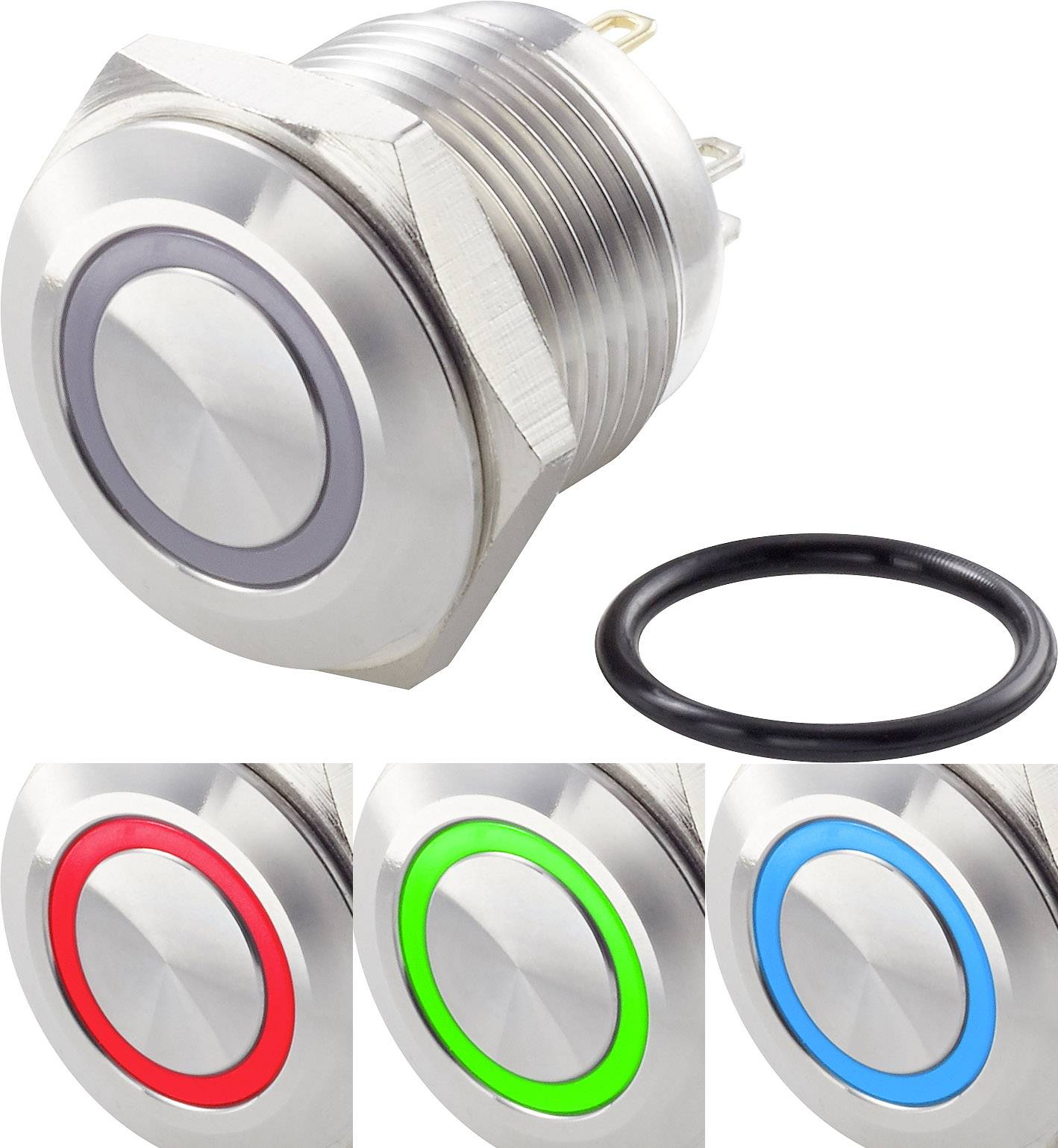 Four circular push buttons in stainless steel finish with LED illumination in Grey, Red, Green and Blue. Button design with included sealing ring.