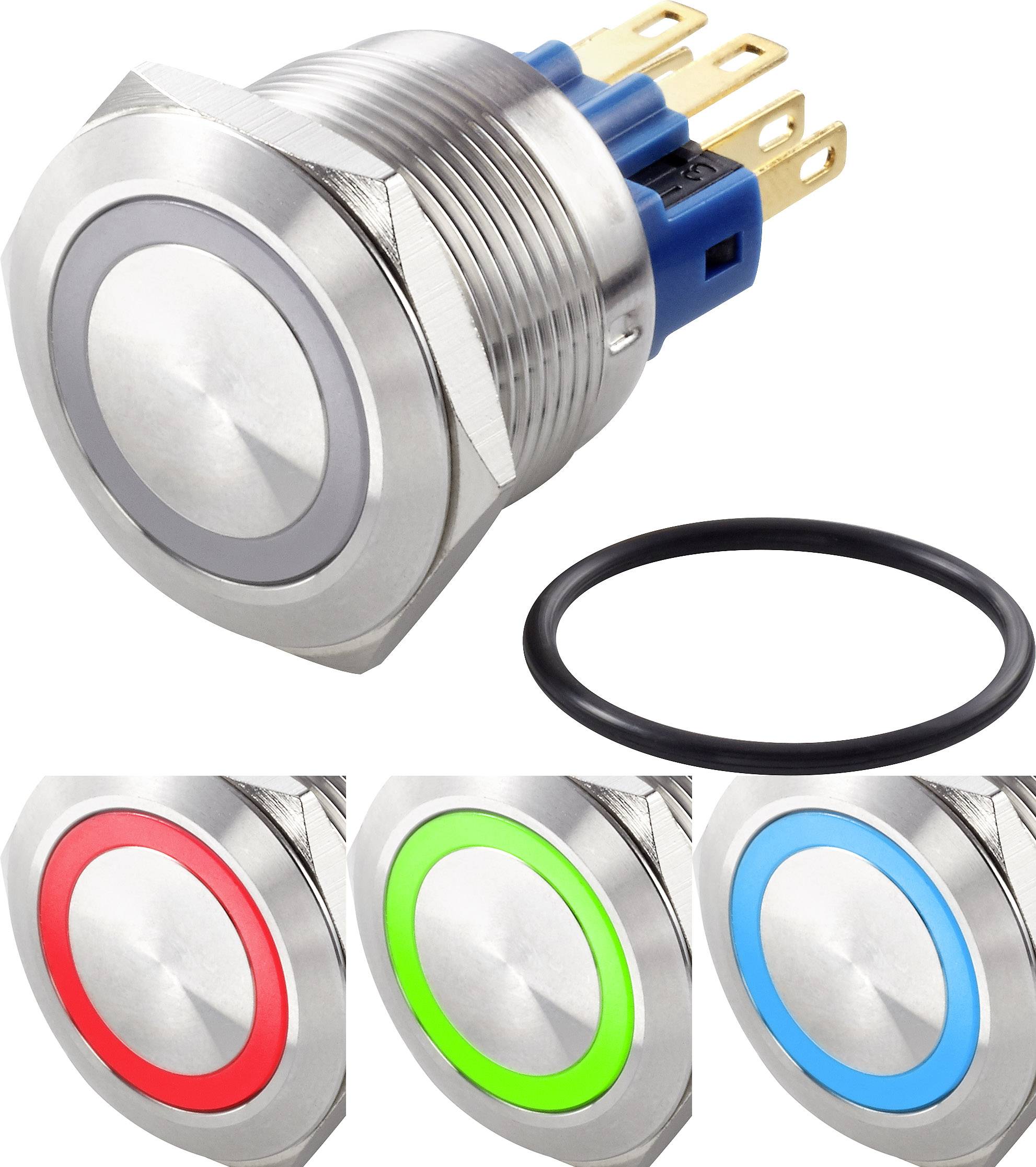 A metallic push button with three colour variants: red, green and blue. Beside it lies a black sealing ring.