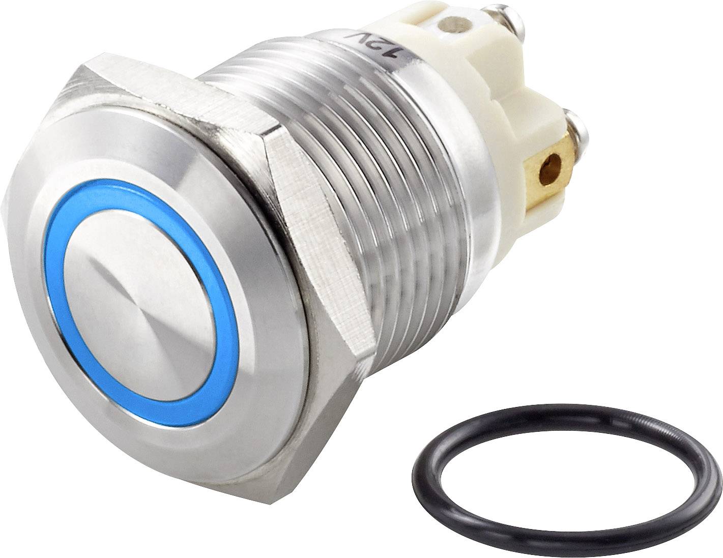 A round, silver metal switch with a blue illumination ring and black seal. Suitable for electronic applications.