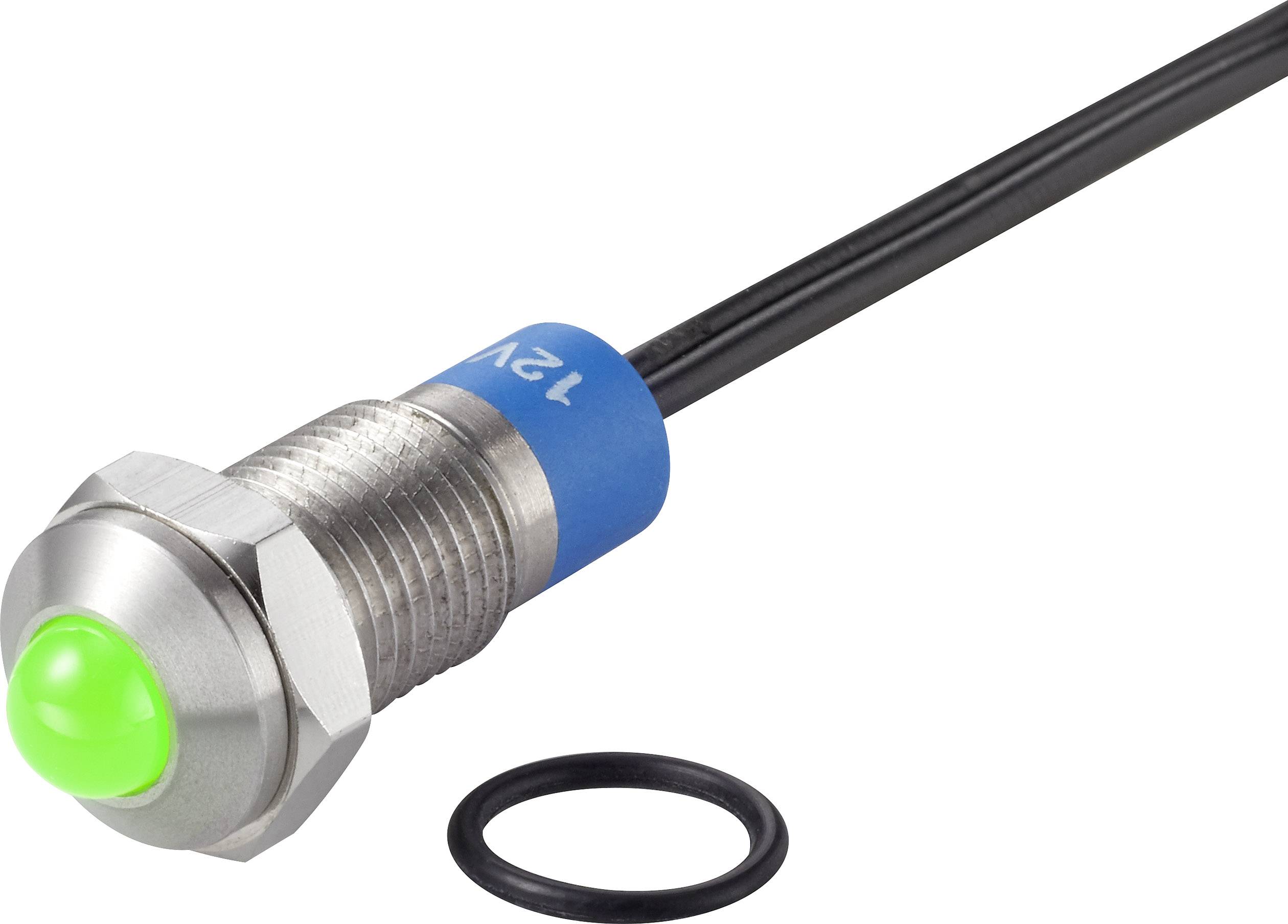 A round, green LED switch with a metal housing and black cable. A black O-ring is positioned beside it.