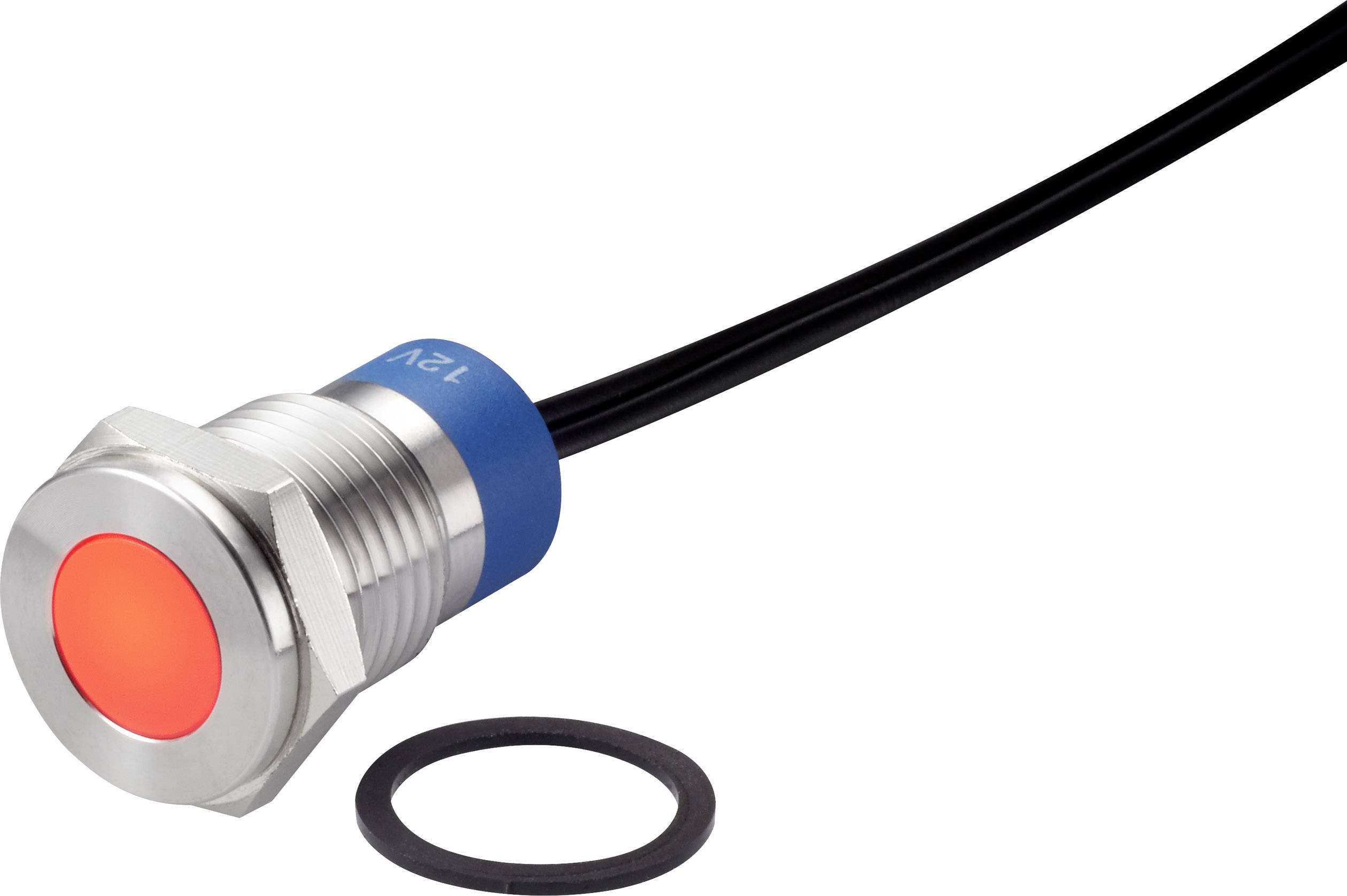 Round metal push button with red illumination, black cable, and small round seal. '12V' marking visible.