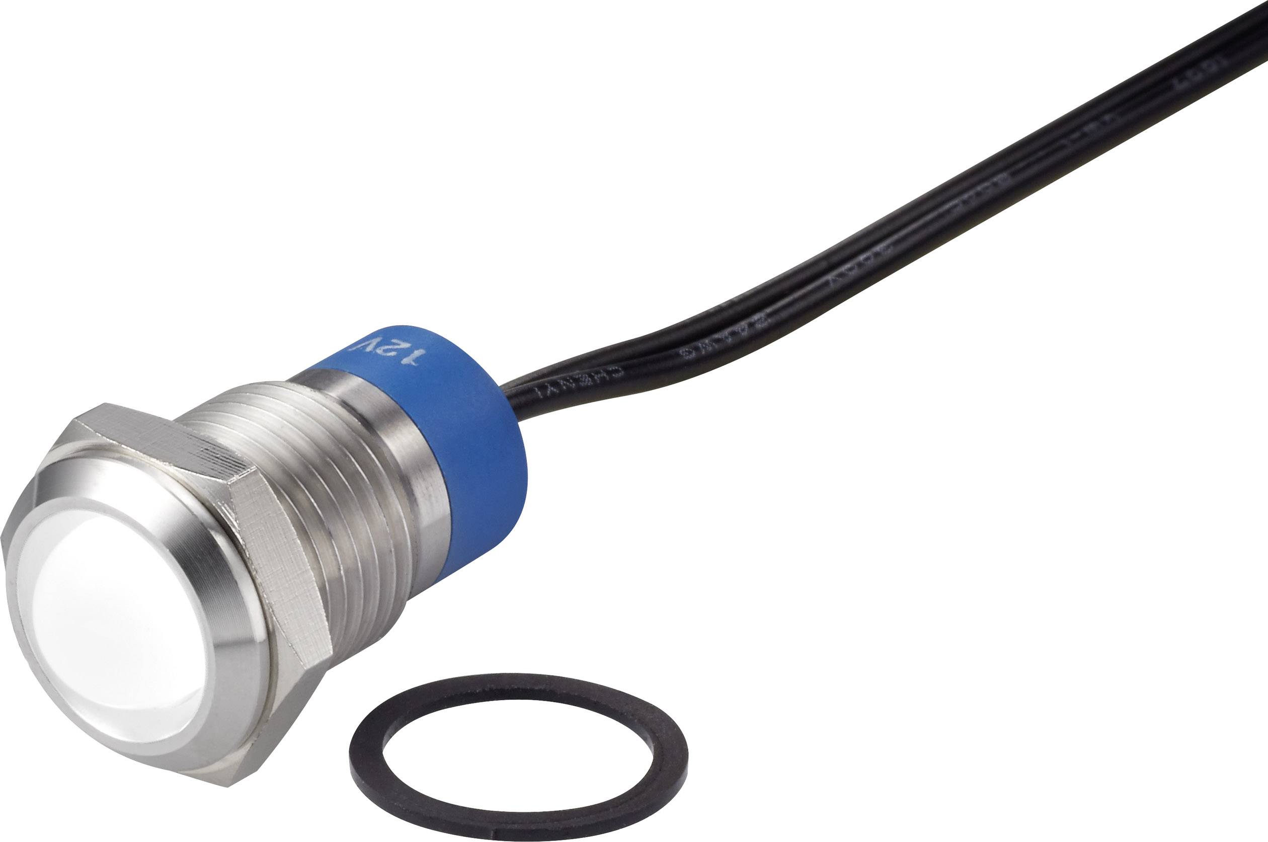 Metal switch with a blue base and cable, alongside a black rubber ring. Suitable for electronic control panels.