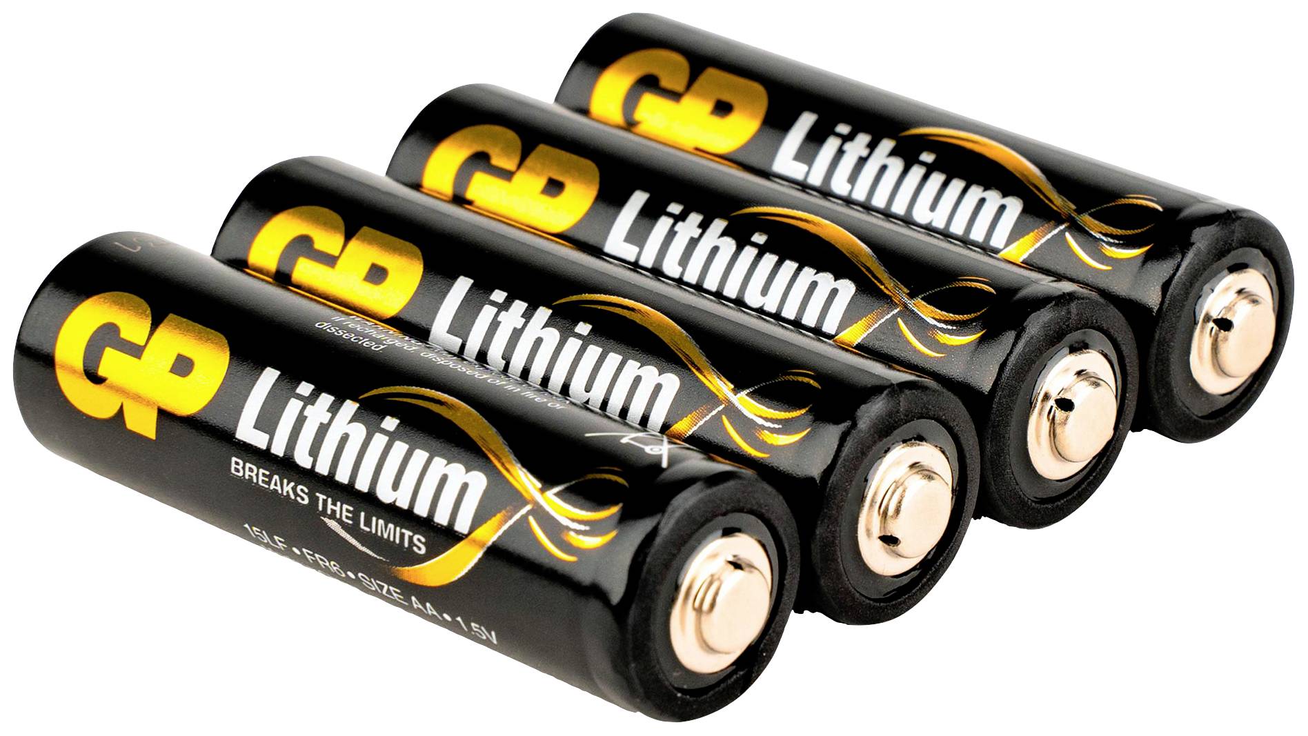 Four black lithium batteries with a yellow 'GP' logo and inscription 'Lithium - Breaks The Limits'. The batteries are arranged in a row.