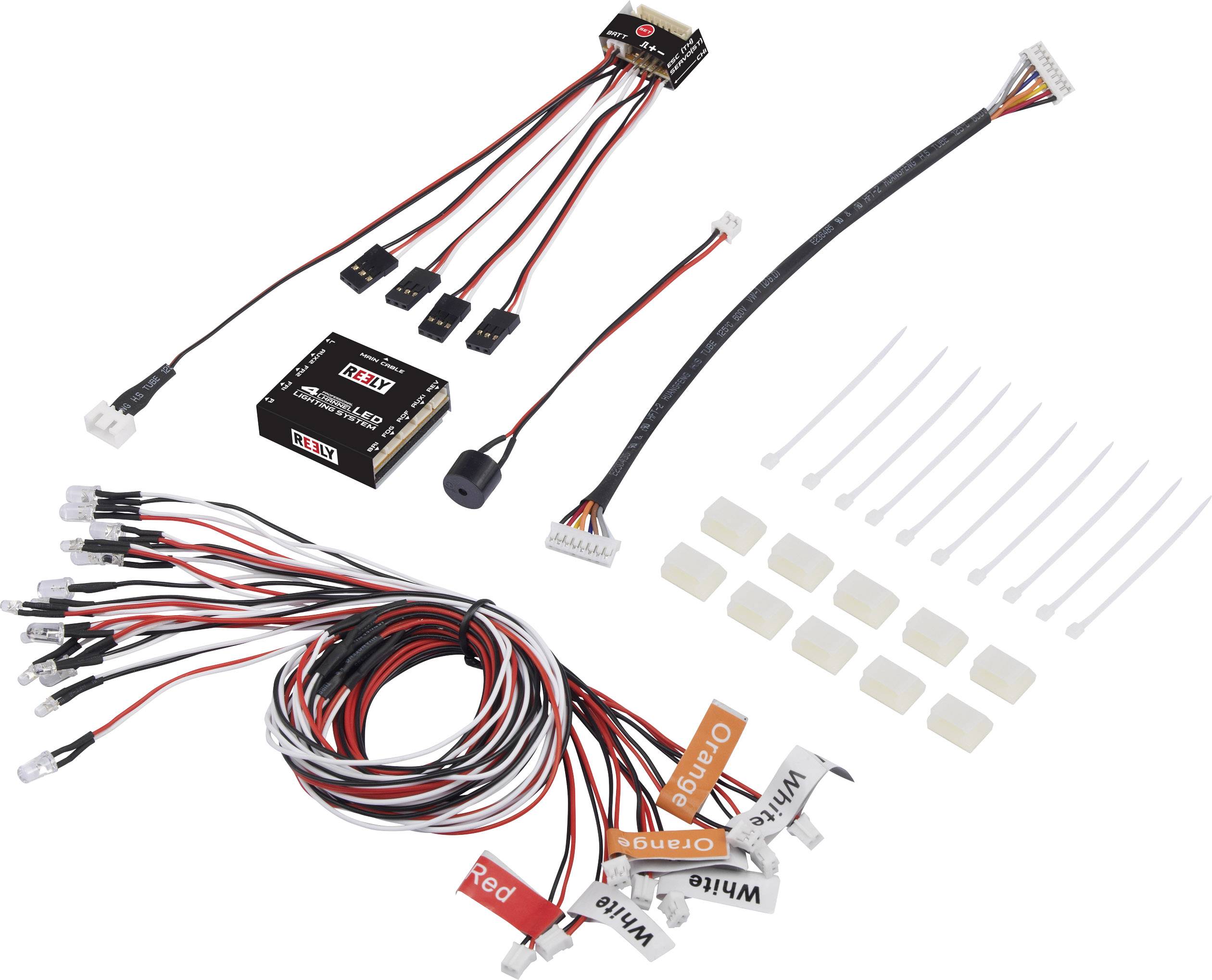 LED light set for RC cars with various cables, plugs, LED lights, cable ties and adhesive labels in different colours.