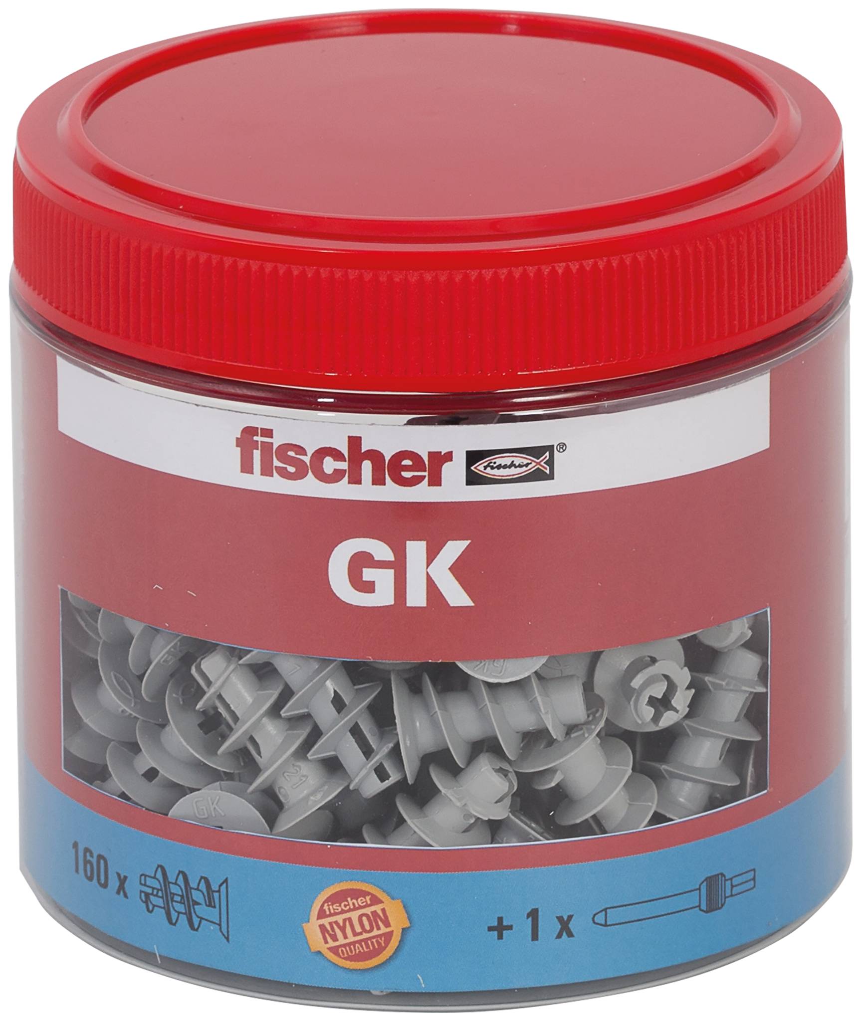 Red plastic jar of Fischer GK nylon wall plugs with 160 pieces and one drill bit visible through the front window.
