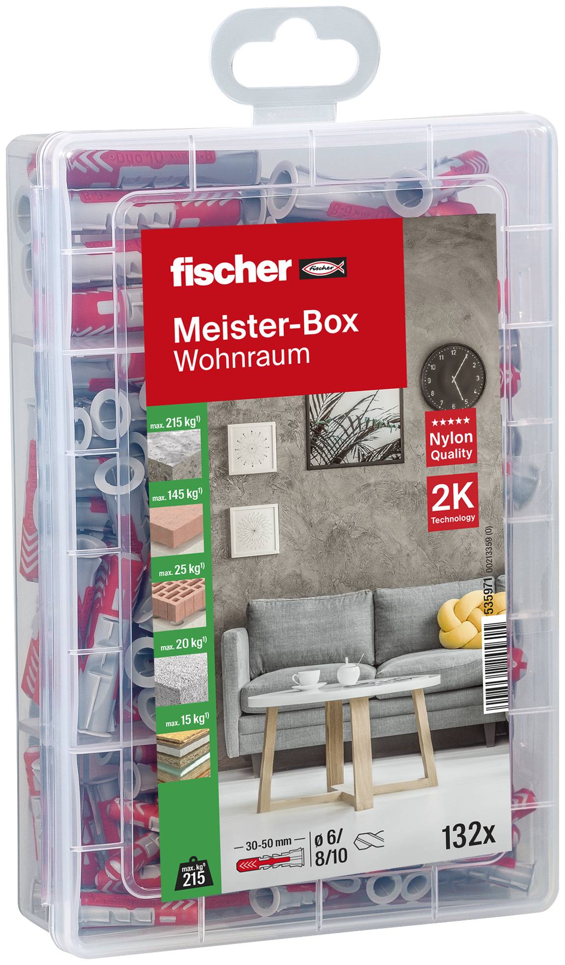 Fischer Master Box for Living Space. Contains 132 wall plugs in various sizes for loads from 15 to 215 kg. Packaging features a living room motif.
