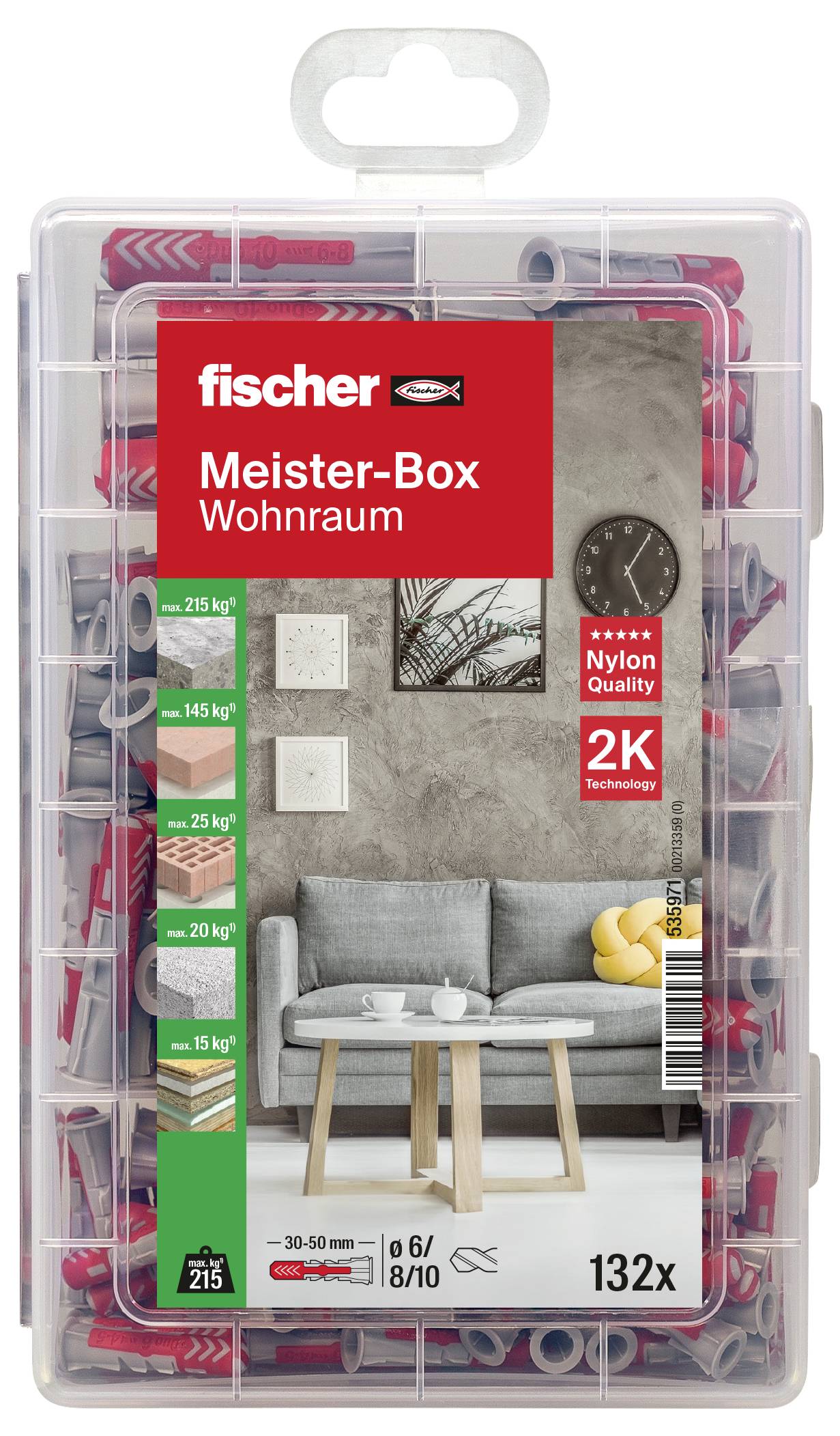 'Fischer Master Box Living Space' contains various wall plugs for different loads, suitable for internal applications.