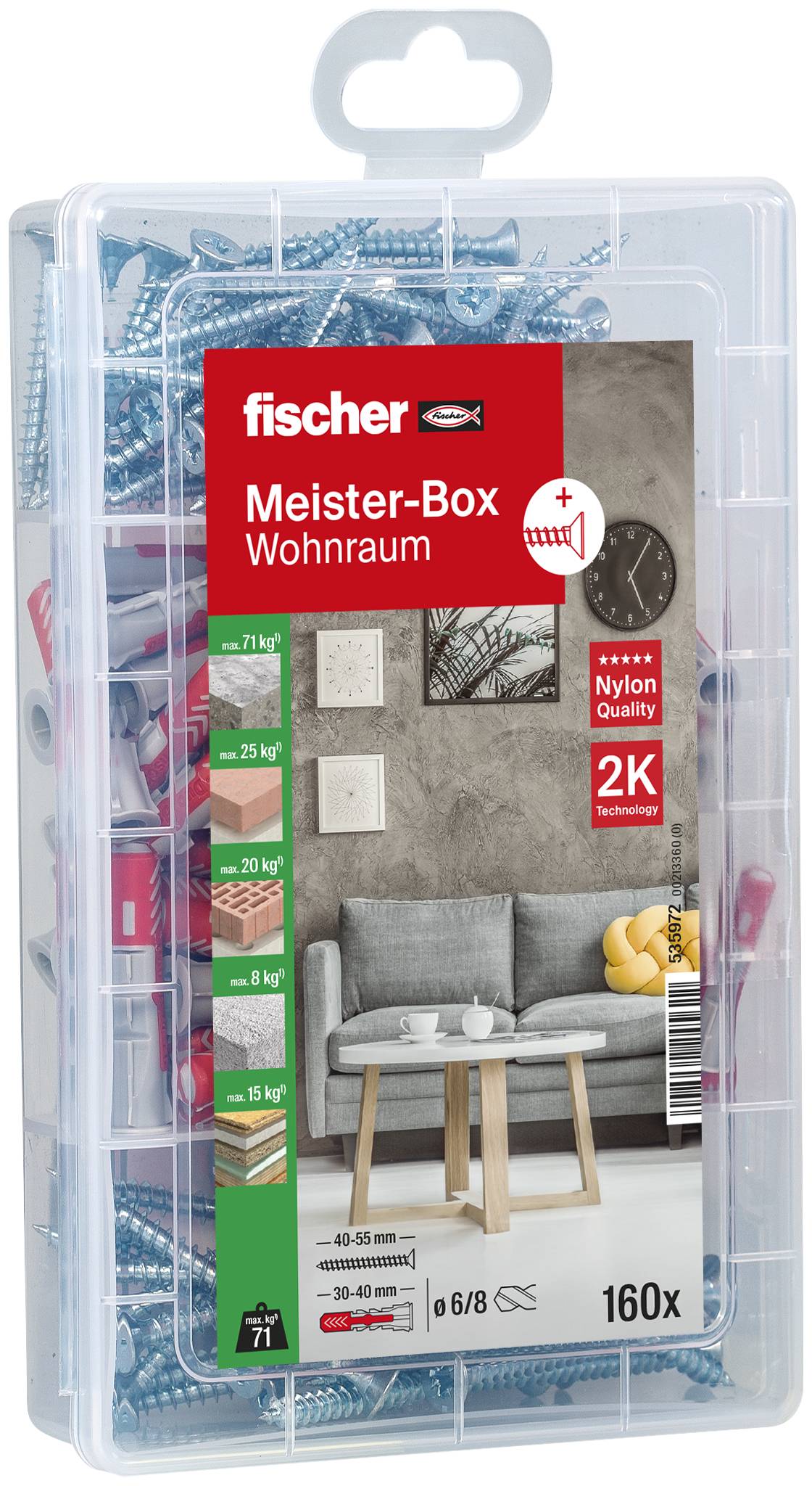 160-piece Set by Fischer, Master Box Living Space, contains nylon wall plugs and matching screws. Packaging displays application ideas.
