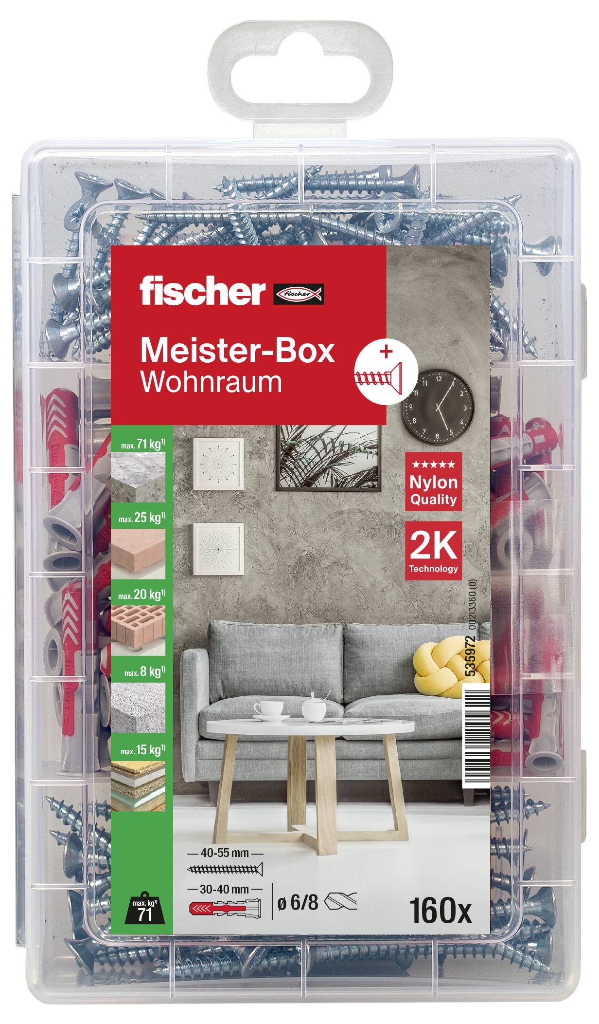 The packaging shows a 'Master Box Living Space' with wall plugs and screws for loads of 8-71 kg. Contains 160 pieces for interior use.