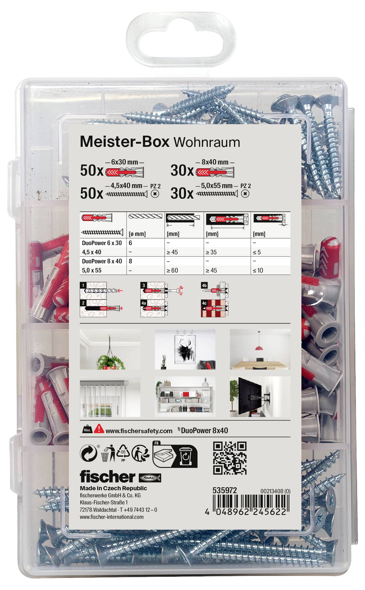 Meister Box with Screws and Wall Plugs for Living Spaces. Contains 50 Wall Plugs 6x30 mm, 30 Screws 8x60 mm. Instructions for use illustrated.