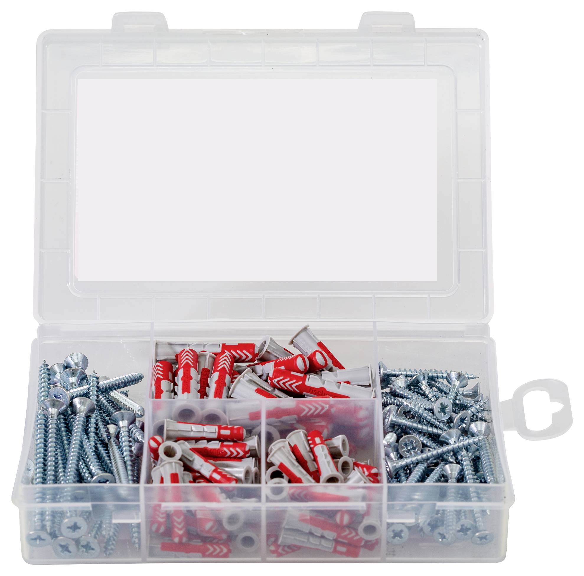 An open compartment box displays various screws and wall plugs in separate compartments.