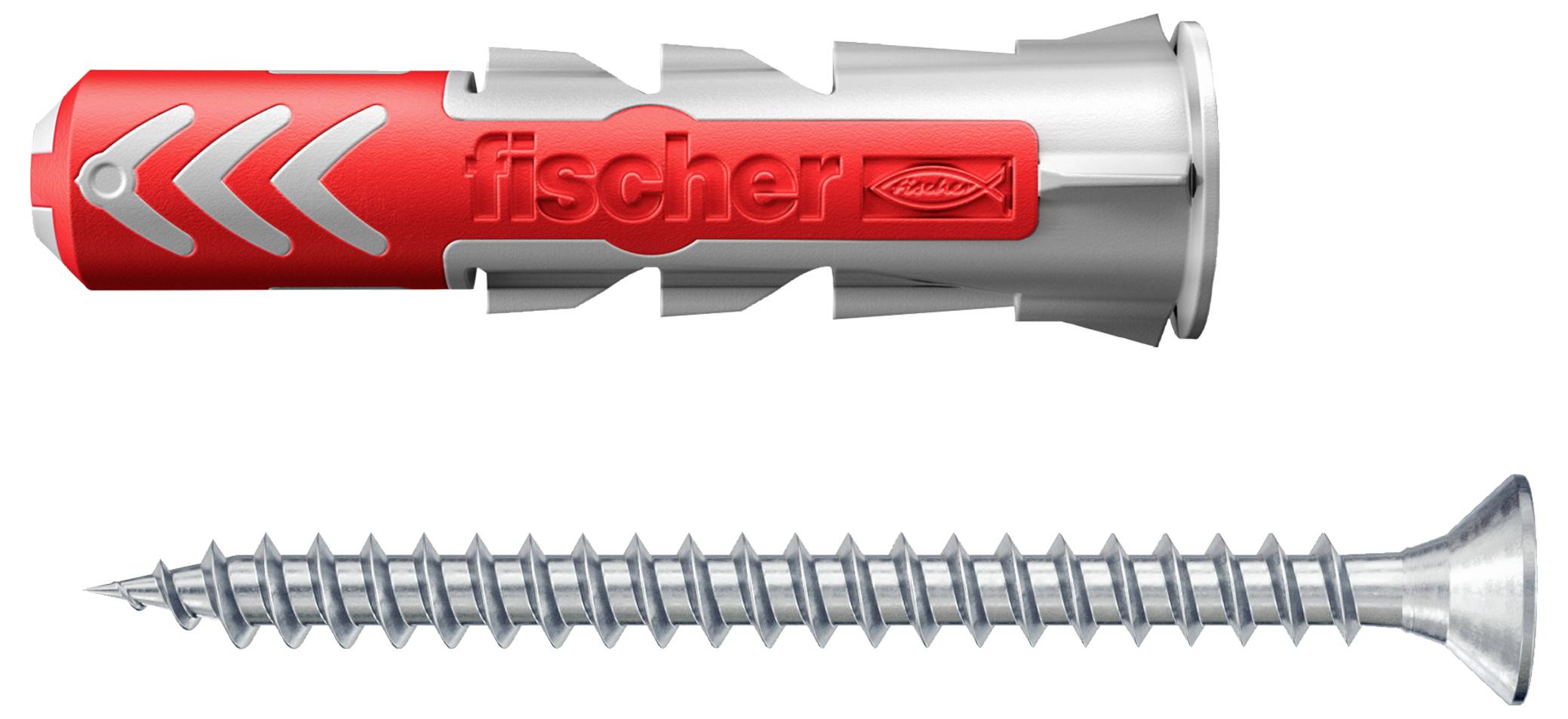 A wall plug and a screw, both made of metal. The wall plug has red elements with the 'fischer' branding.