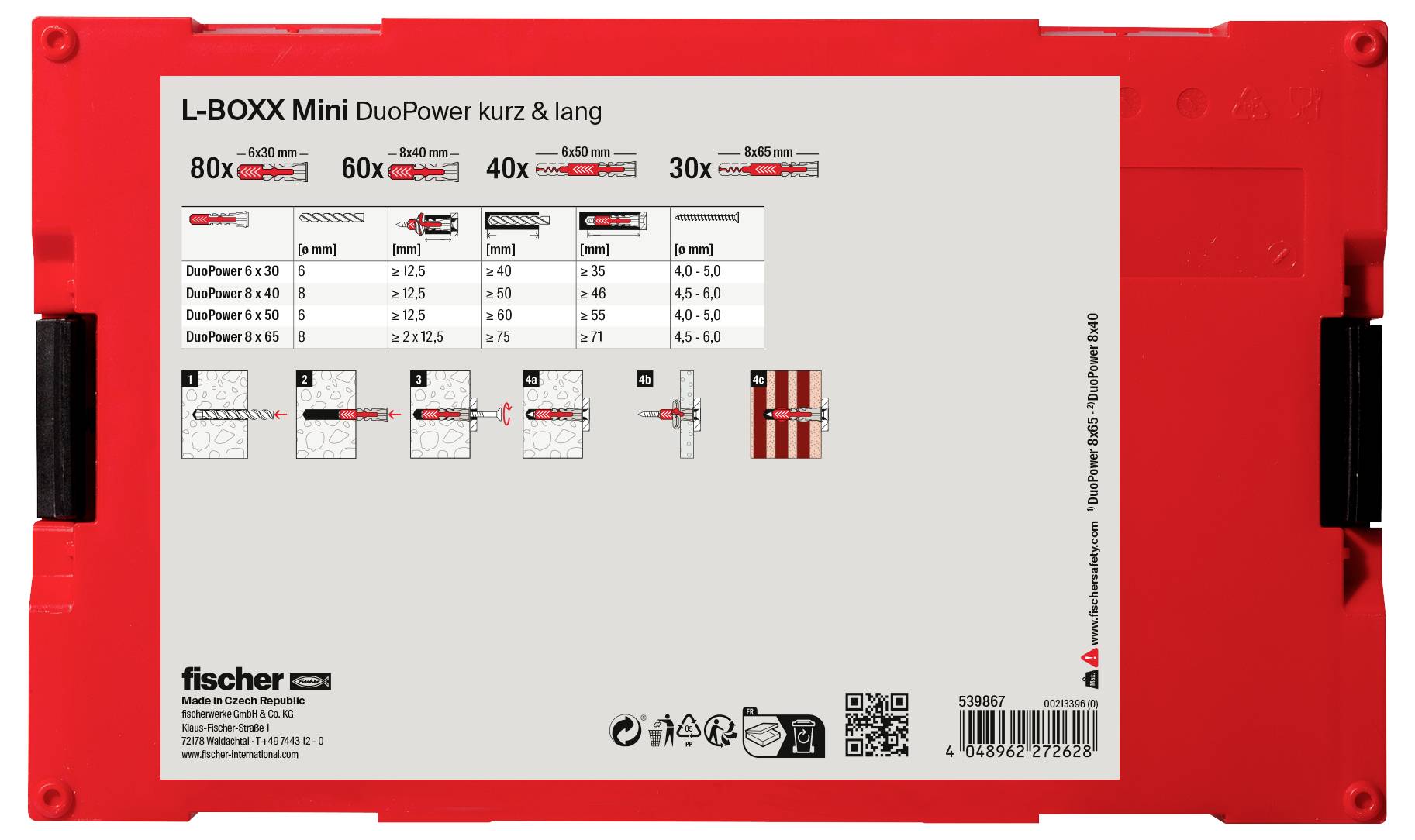 Red tool case, labelled 'L-BOXX Mini DuoPower short & long', contains various plug sizes for different screw sizes.
