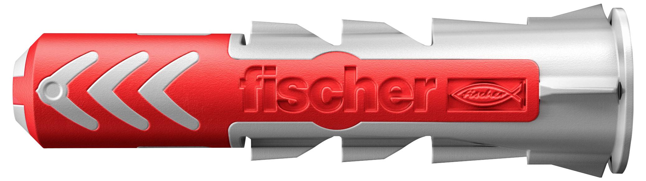 A red and silver Fischer wall plug.