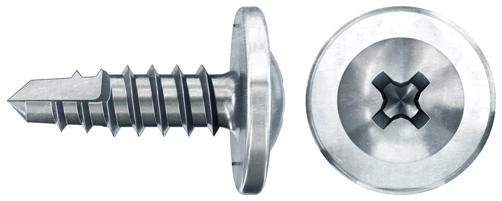 Two views of a silver self-drilling screw with a washer head: side profile on the left and Phillips head top view on the right.