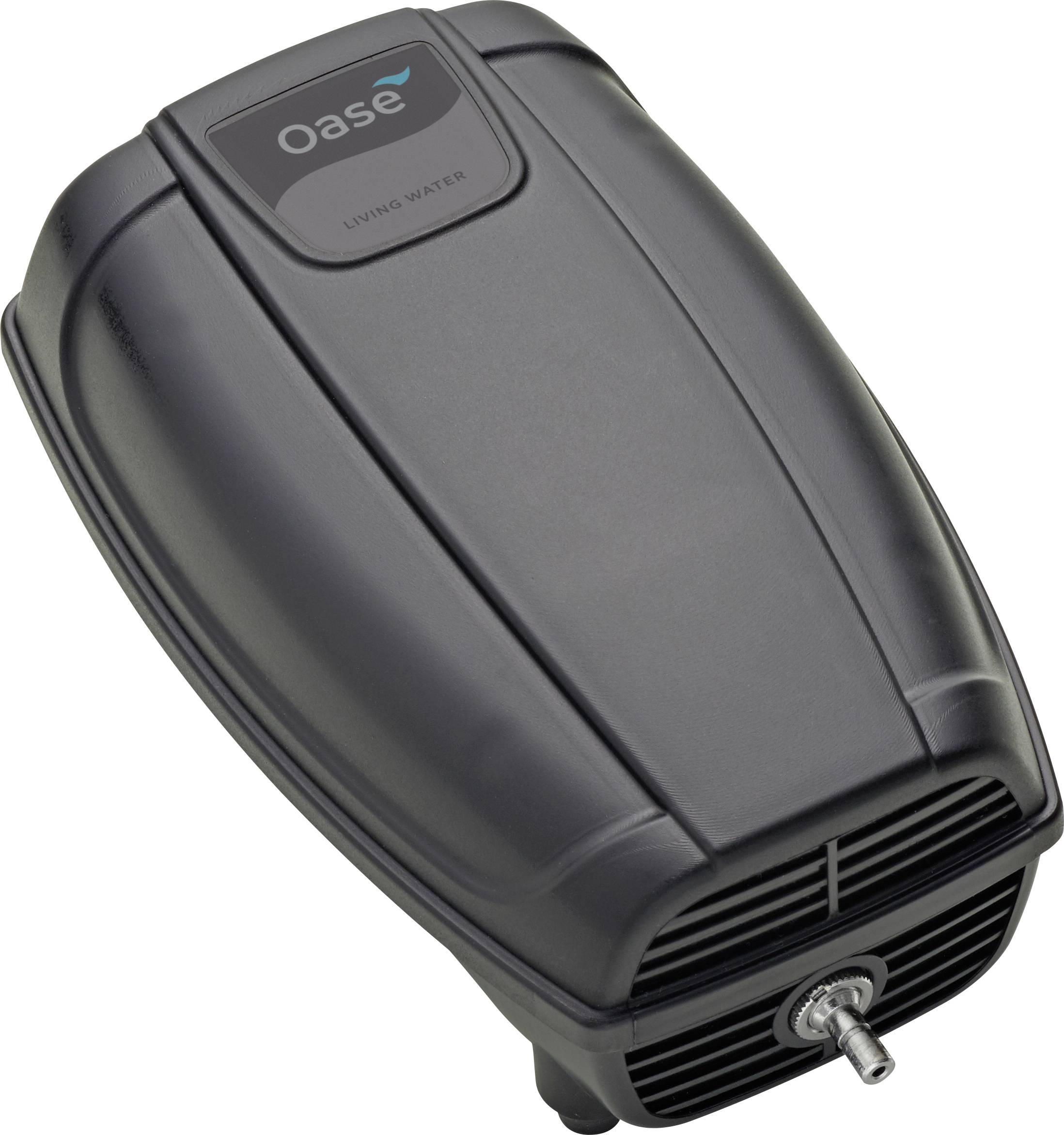 A dark gray Oase water pump with 'Living Water' text, showcasing its compact and sleek design, used for water features or aquariums.